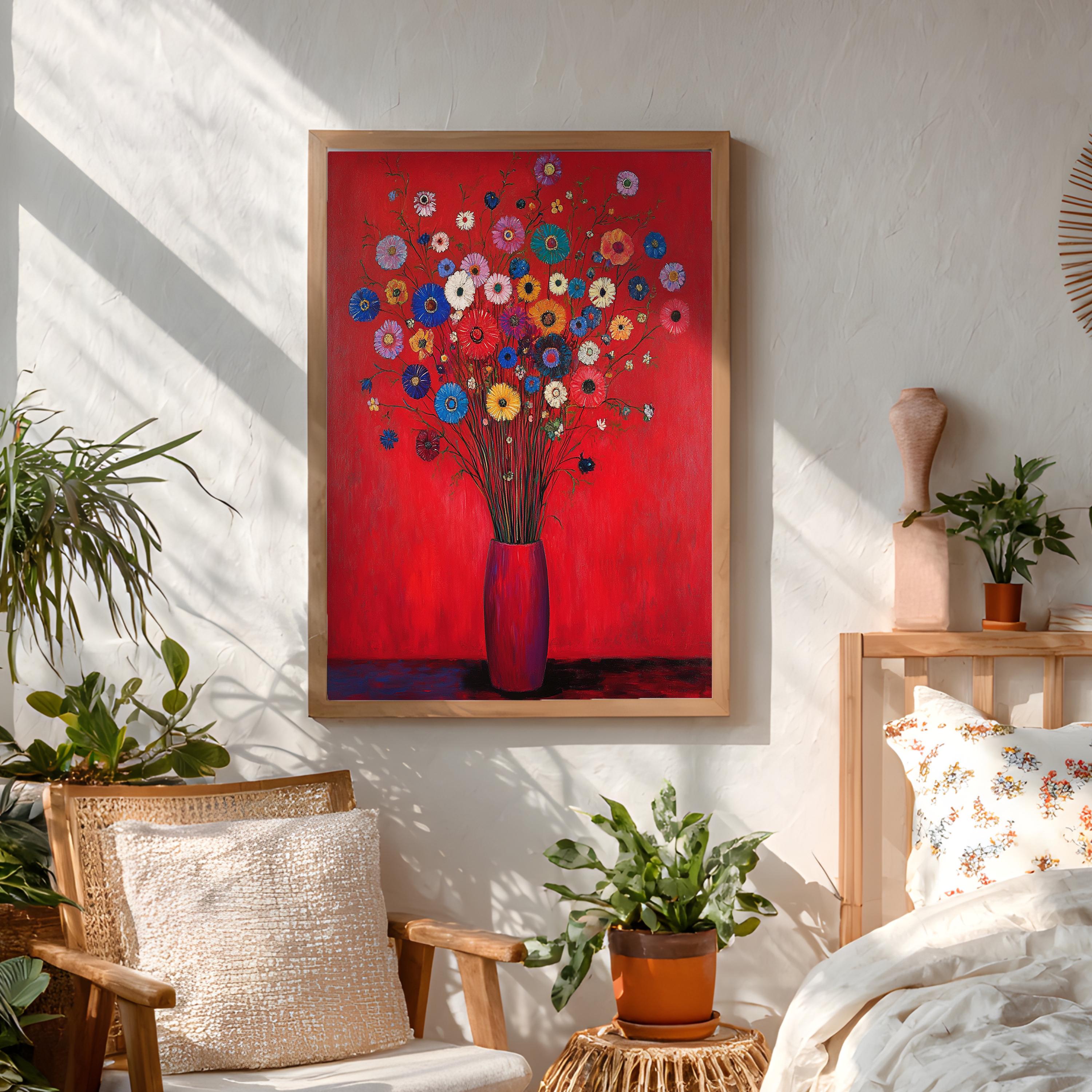 Red Floral Wall Art, Vibrant Bouquet Print, Vintage Inspired Framed Canvas, Bold Botanical Home Decor, Colorful Statement Accent