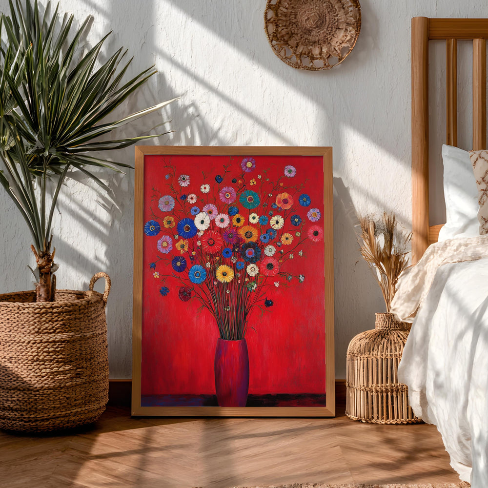 Red Floral Wall Art, Vibrant Bouquet Print, Vintage Inspired Framed Canvas, Bold Botanical Home Decor, Colorful Statement Accent