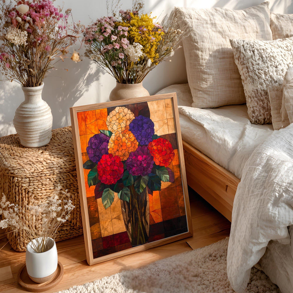 Hydrangea Floral Wall Art, Vibrant Botanical Vase Print, Vintage Inspired Framed Canvas, Bold Cottage Garden Home Decor