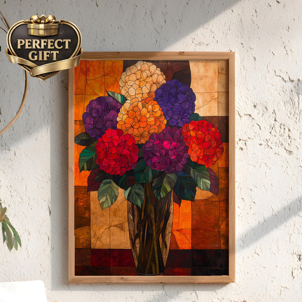 Hydrangea Floral Wall Art, Vibrant Botanical Vase Print, Vintage Inspired Framed Canvas, Bold Cottage Garden Home Decor