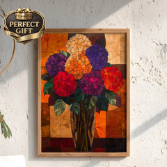Hydrangea Floral Wall Art, Vibrant Botanical Vase Print, Vintage Inspired Framed Canvas, Bold Cottage Garden Home Decor