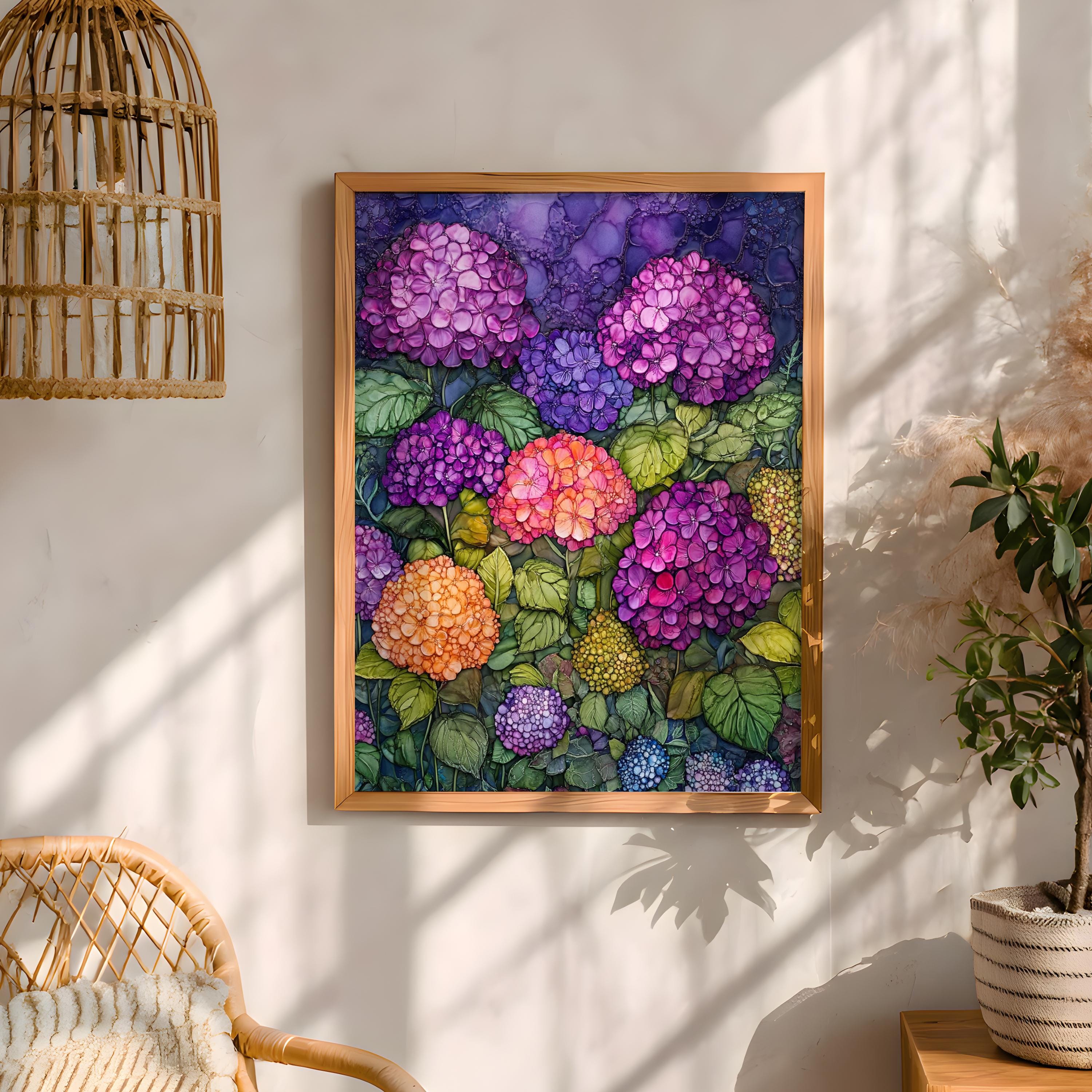 Hydrangea Garden Wall Art, Vibrant Botanical Print, Vintage Inspired Framed Canvas, Colorful Cottage Floral Home Decor
