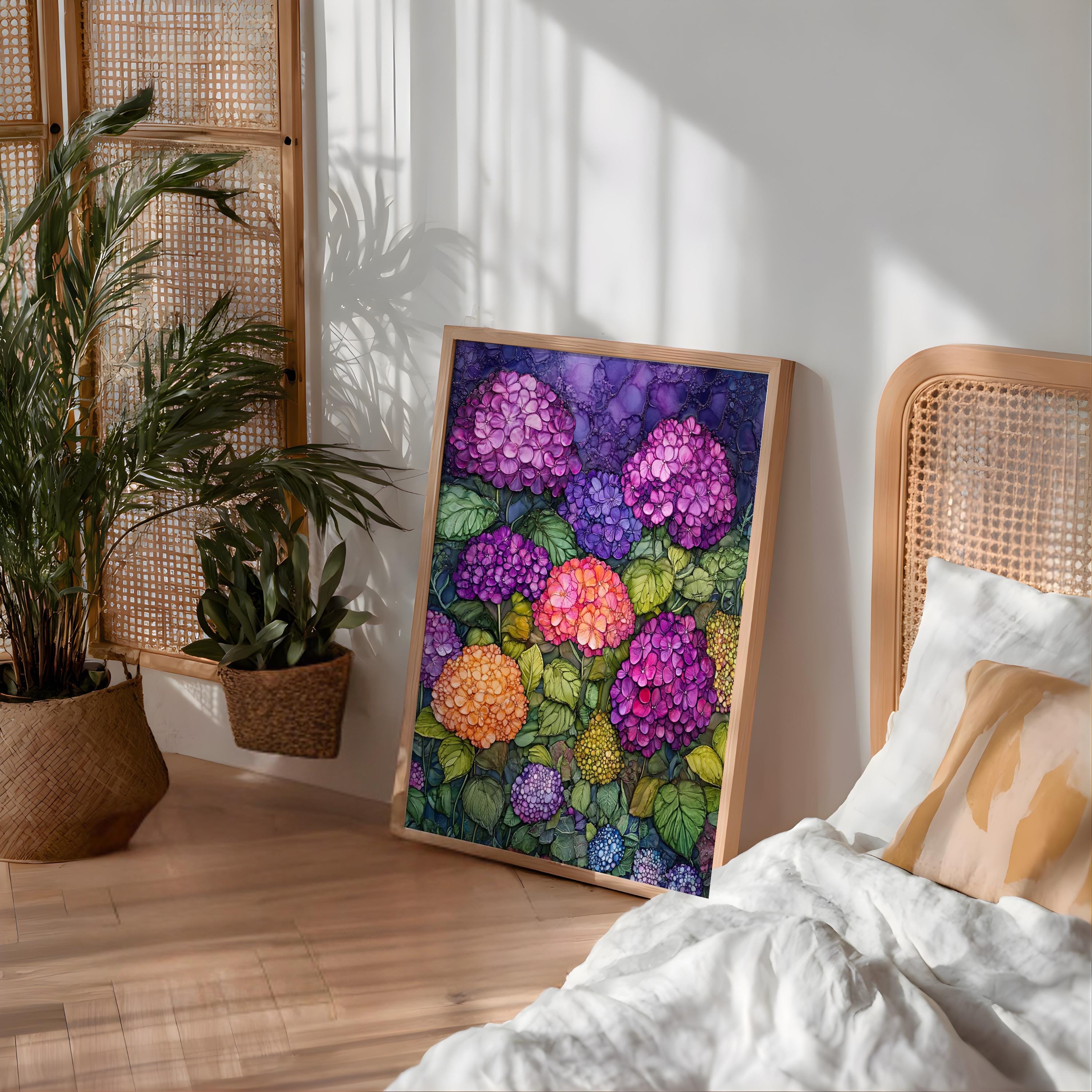 Hydrangea Garden Wall Art, Vibrant Botanical Print, Vintage Inspired Framed Canvas, Colorful Cottage Floral Home Decor