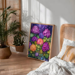 Hydrangea Garden Wall Art, Vibrant Botanical Print, Vintage Inspired Framed Canvas, Colorful Cottage Floral Home Decor