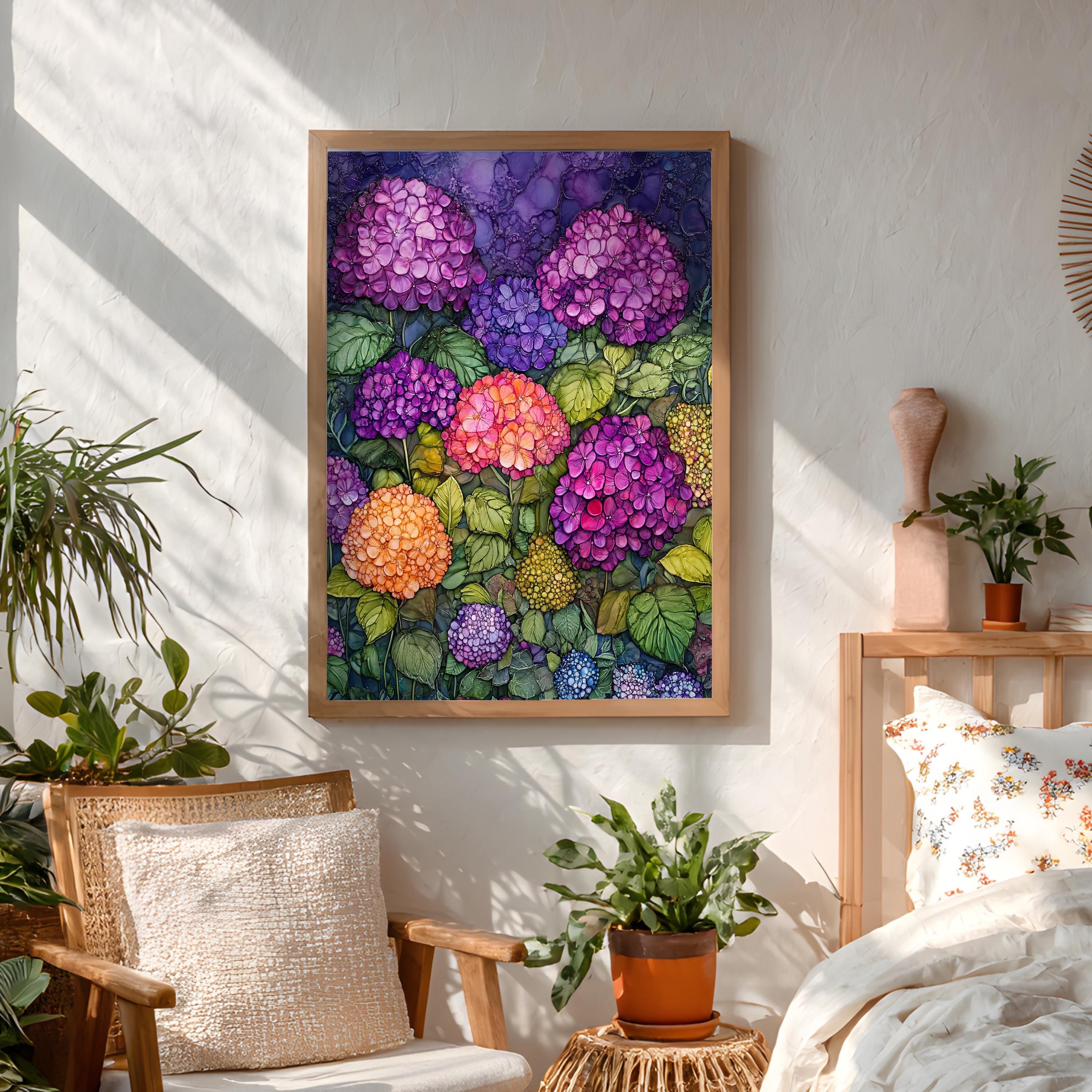 Hydrangea Garden Wall Art, Vibrant Botanical Print, Vintage Inspired Framed Canvas, Colorful Cottage Floral Home Decor