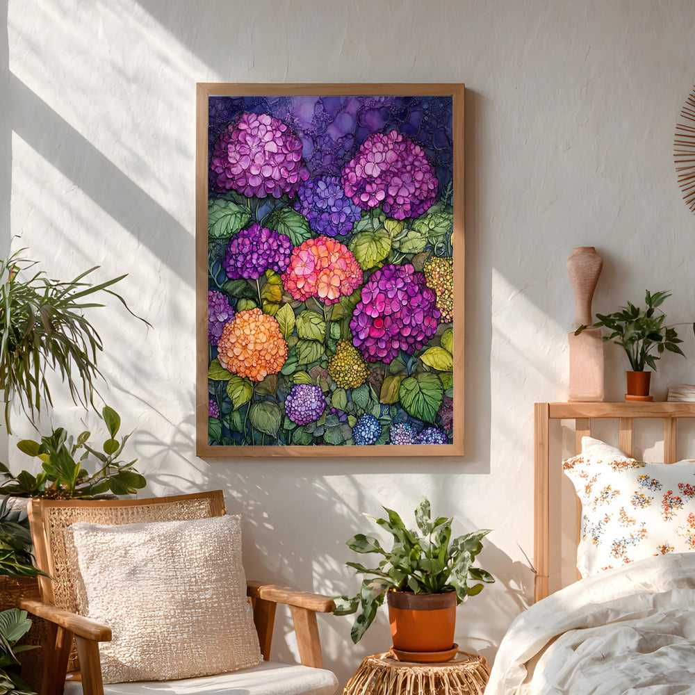 Hydrangea Garden Wall Art, Vibrant Botanical Print, Vintage Inspired Framed Canvas, Colorful Cottage Floral Home Decor