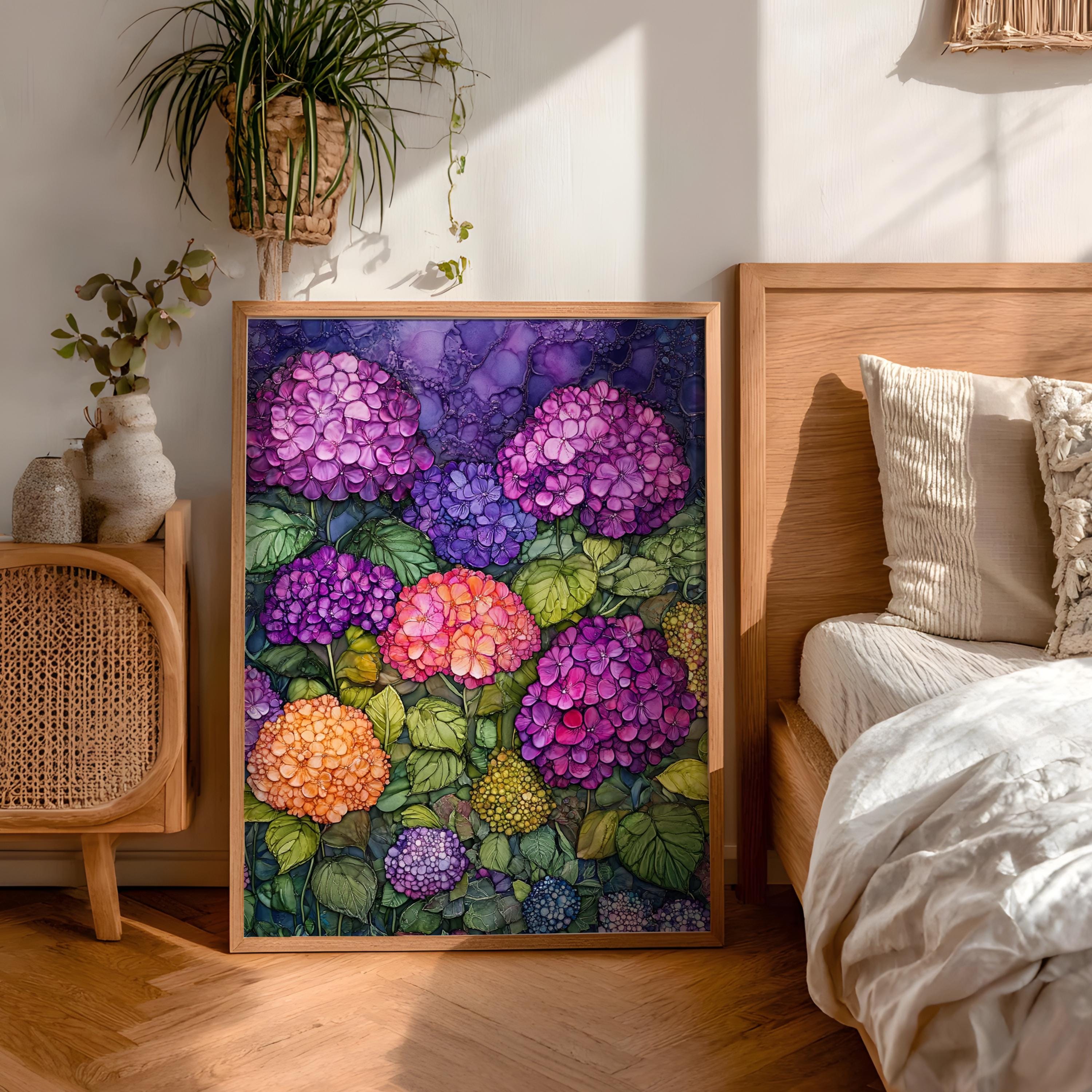 Hydrangea Garden Wall Art, Vibrant Botanical Print, Vintage Inspired Framed Canvas, Colorful Cottage Floral Home Decor