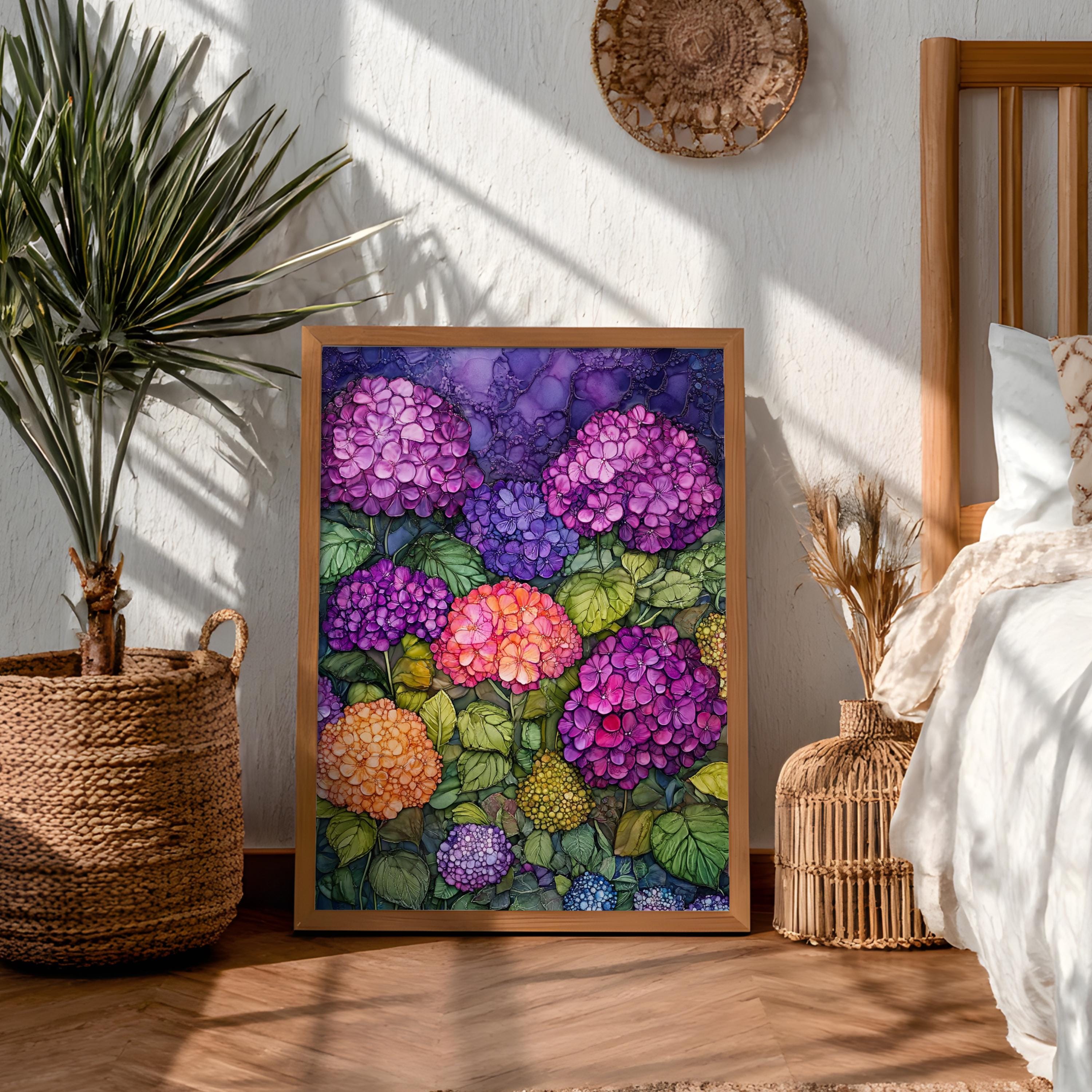 Hydrangea Garden Wall Art, Vibrant Botanical Print, Vintage Inspired Framed Canvas, Colorful Cottage Floral Home Decor