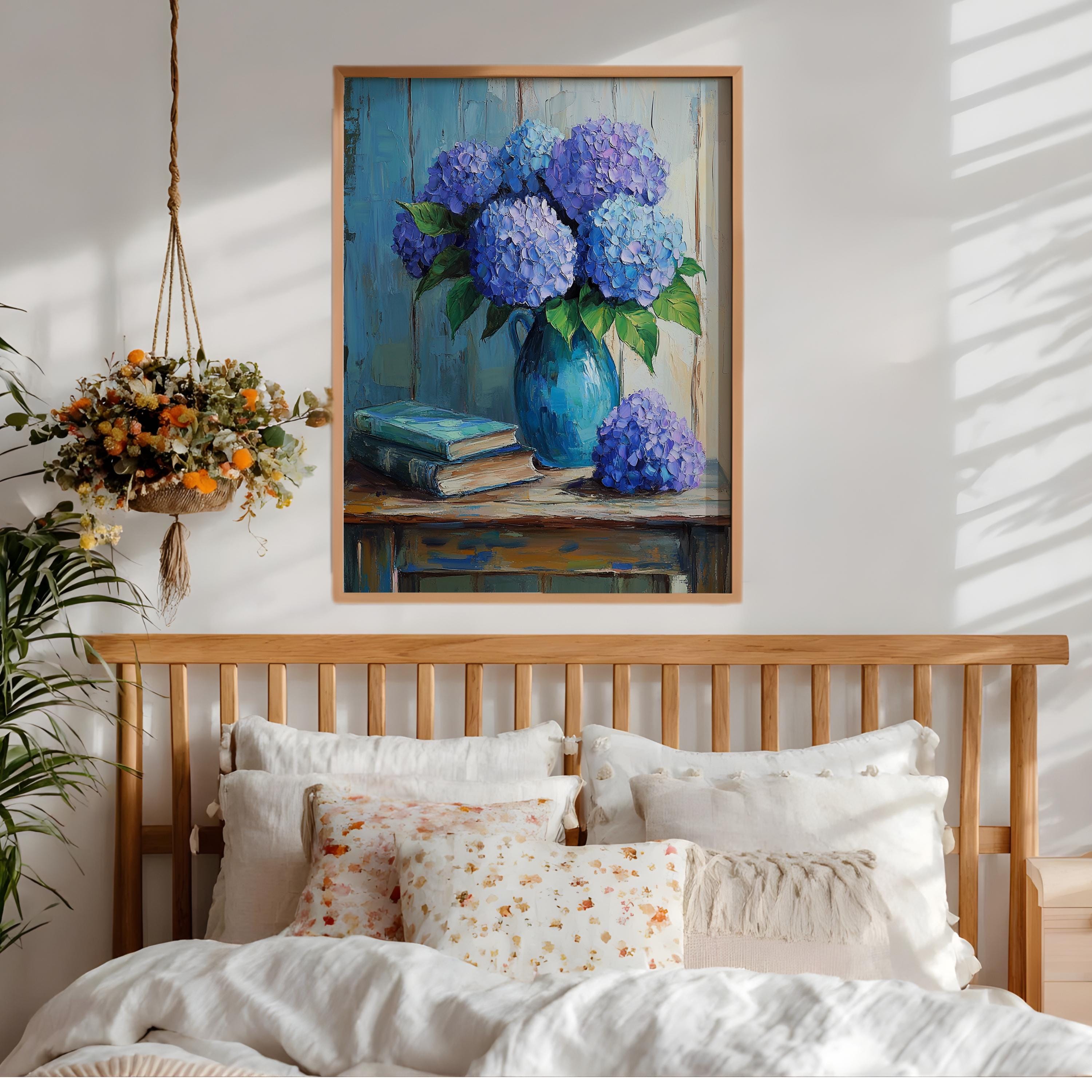 Blue Hydrangea Wall Art, Vintage Floral Still Life Print, Cottage Farmhouse Framed Canvas Decor, Rustic Botanical Home Accent