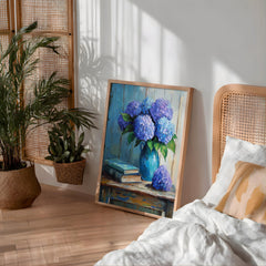 Blue Hydrangea Wall Art, Vintage Floral Still Life Print, Cottage Farmhouse Framed Canvas Decor, Rustic Botanical Home Accent