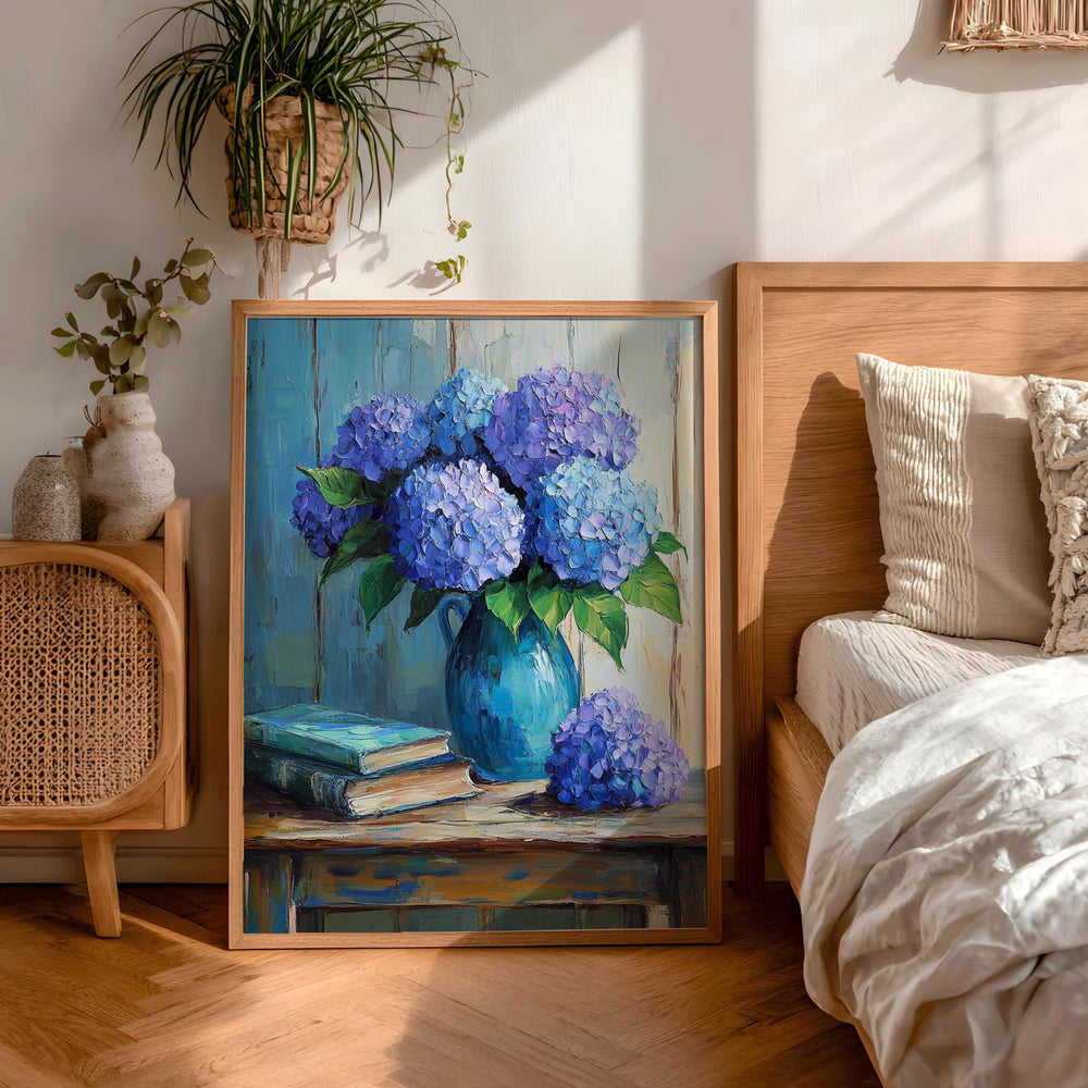 Blue Hydrangea Wall Art, Vintage Floral Still Life Print, Cottage Farmhouse Framed Canvas Decor, Rustic Botanical Home Accent