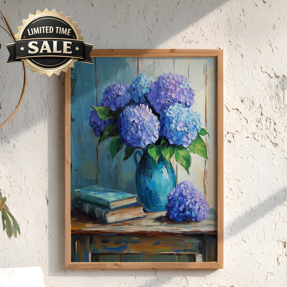 Blue Hydrangea Wall Art, Vintage Floral Still Life Print, Cottage Farmhouse Framed Canvas Decor, Rustic Botanical Home Accent