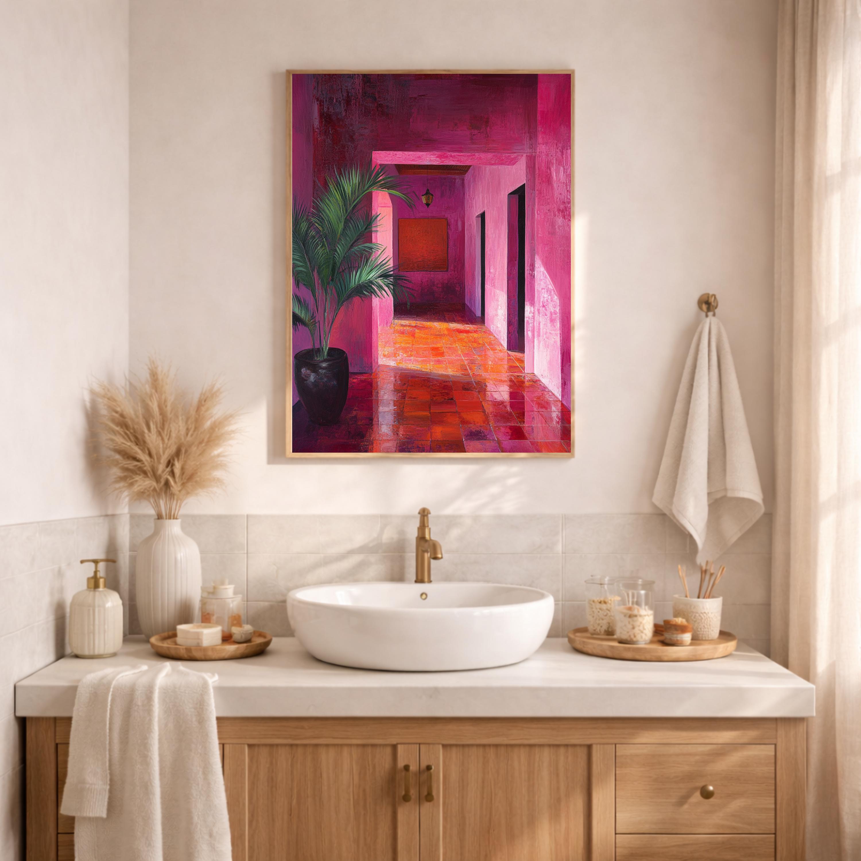Pink Hallway Wall Art, Modern Interior Framed Canvas, Bold Abstract Architecture Artwork Print, Contemporary Home Decor
