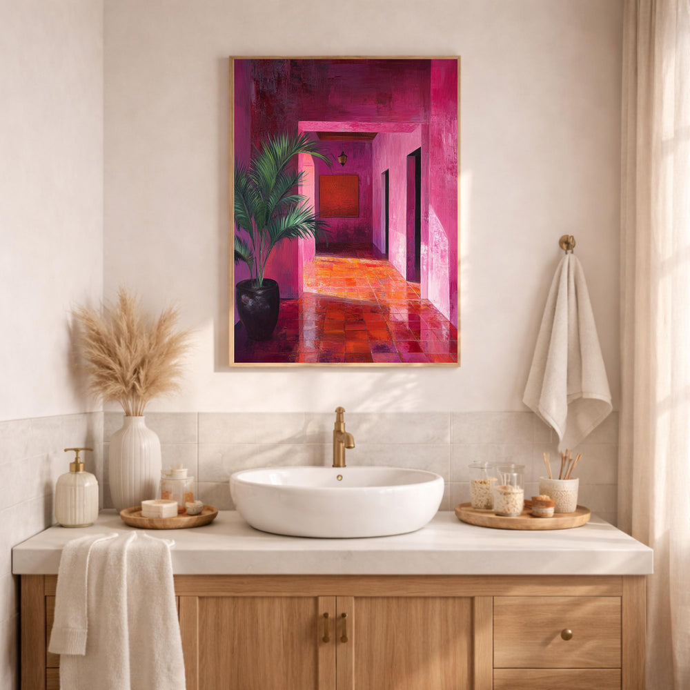 Pink Hallway Wall Art, Modern Interior Framed Canvas, Bold Abstract Architecture Artwork Print, Contemporary Home Decor