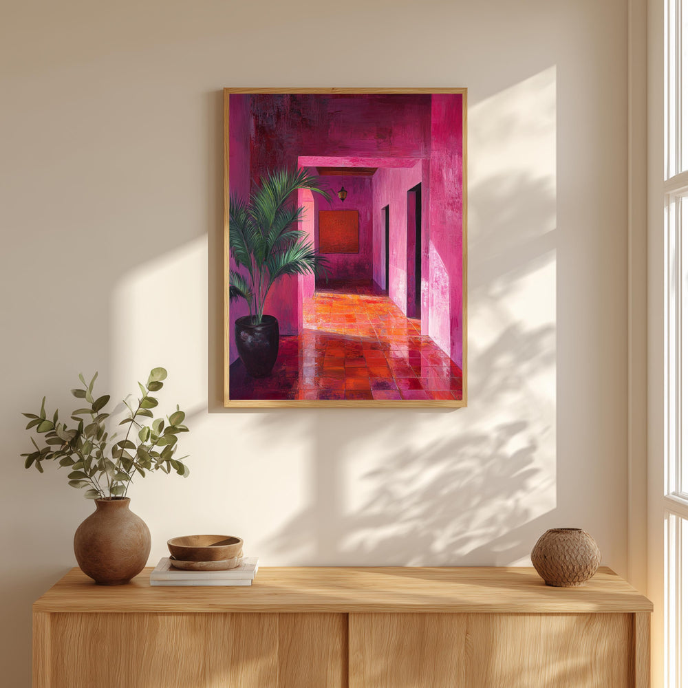 Pink Hallway Wall Art, Modern Interior Framed Canvas, Bold Abstract Architecture Artwork Print, Contemporary Home Decor