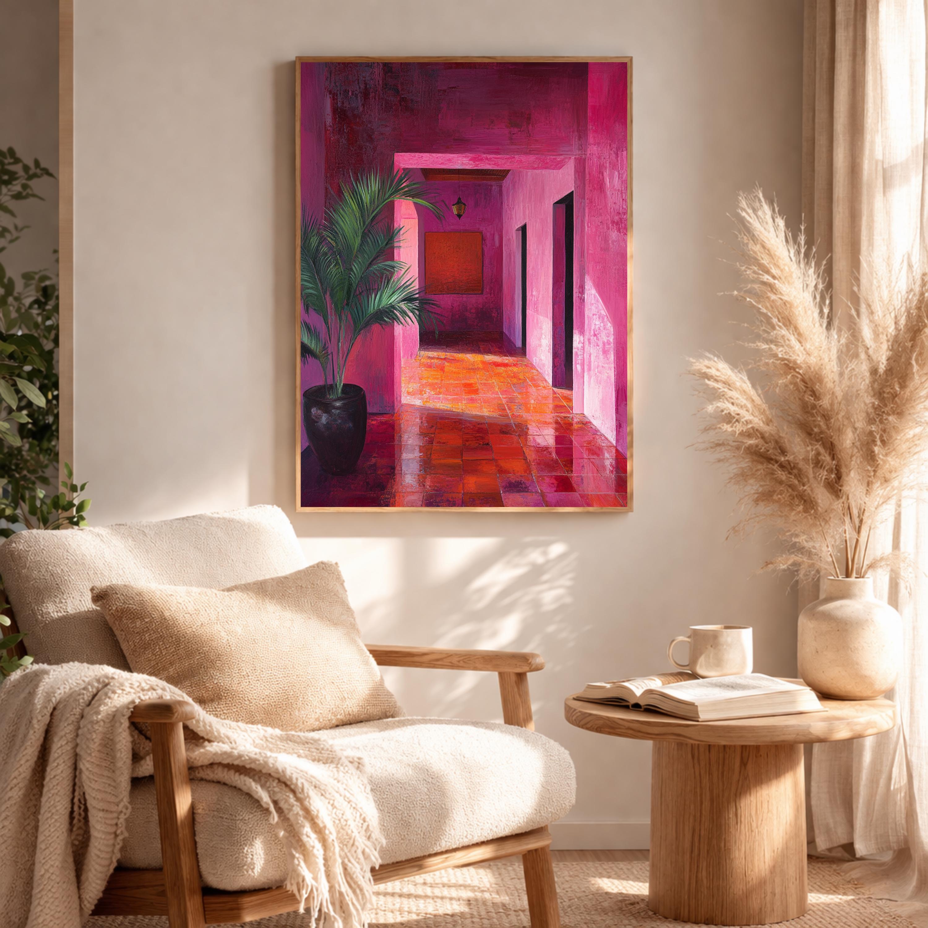 Pink Hallway Wall Art, Modern Interior Framed Canvas, Bold Abstract Architecture Artwork Print, Contemporary Home Decor