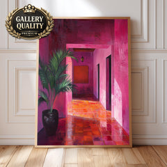 Pink Hallway Wall Art, Modern Interior Framed Canvas, Bold Abstract Architecture Artwork Print, Contemporary Home Decor