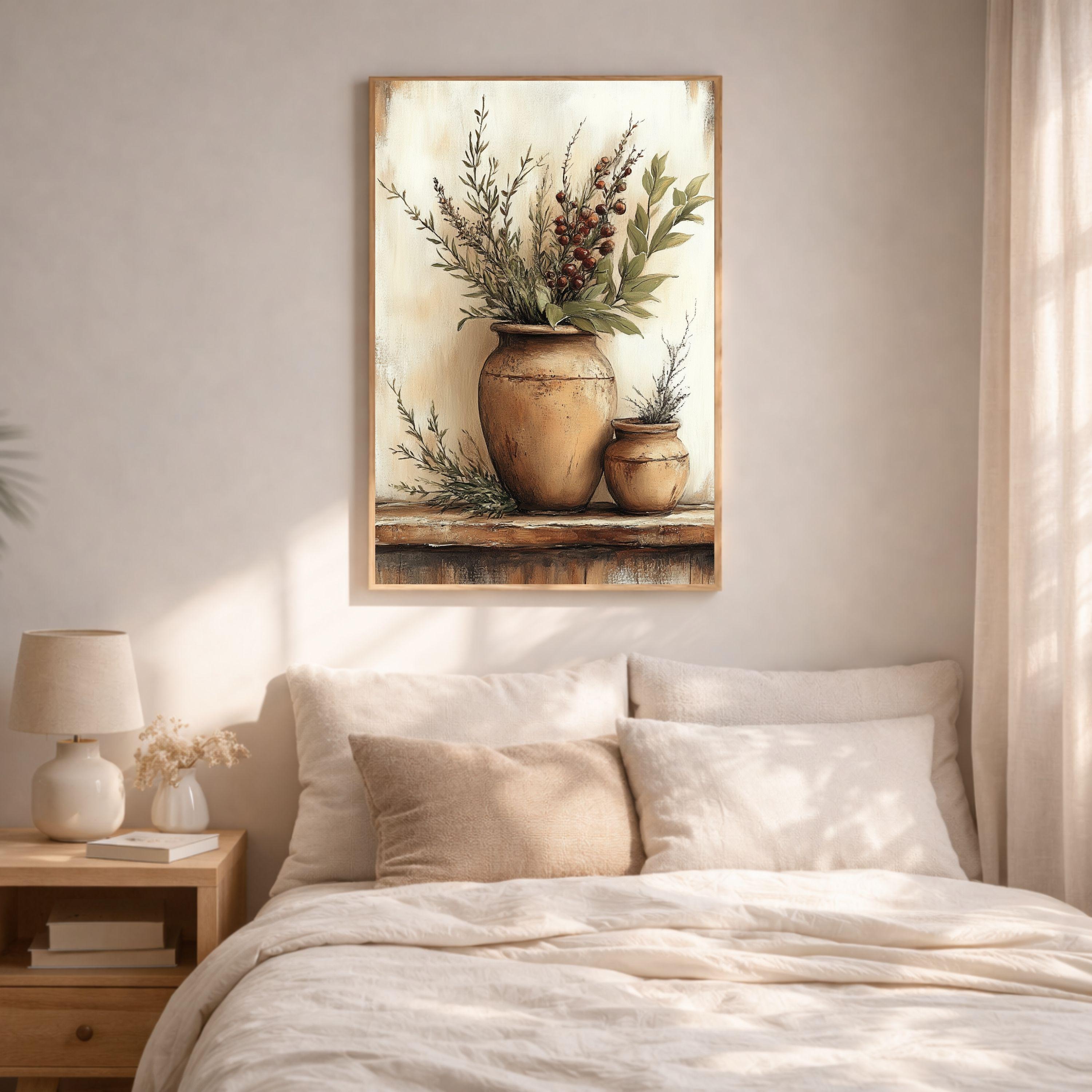 Rustic Kitchen Wall Art, Farmhouse Herb Still Life Framed Canvas, Vintage Botanical Print, Country Cottage Kitchen Decor