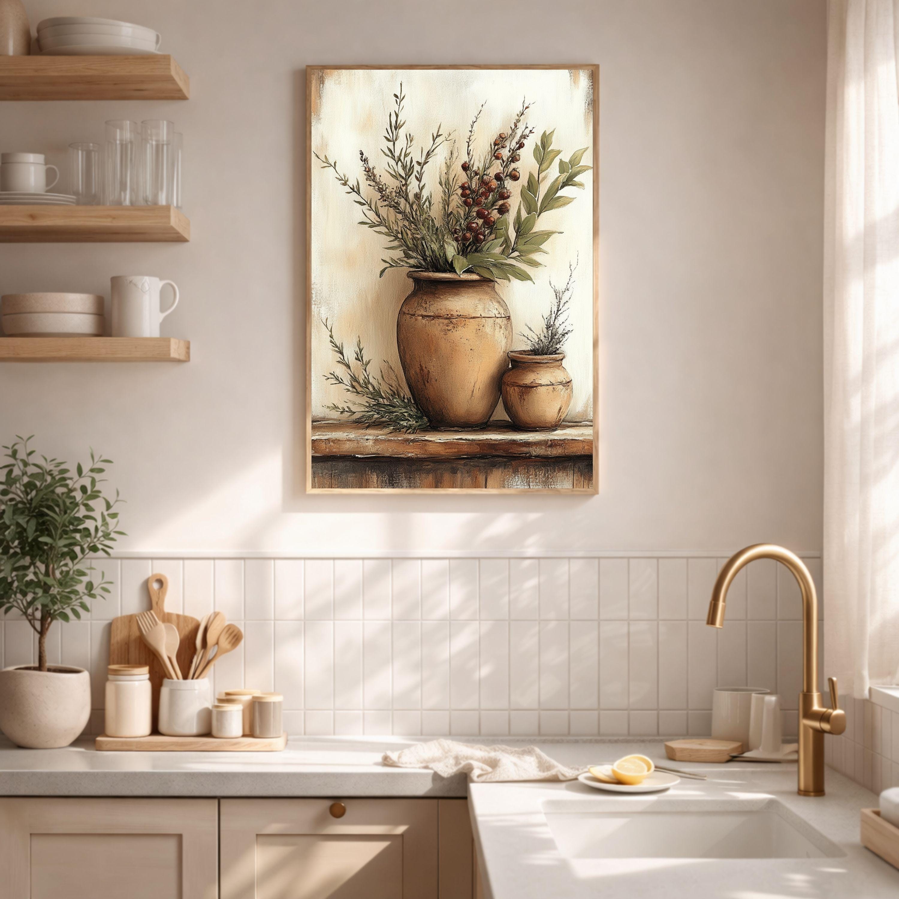 Rustic Kitchen Wall Art, Farmhouse Herb Still Life Framed Canvas, Vintage Botanical Print, Country Cottage Kitchen Decor