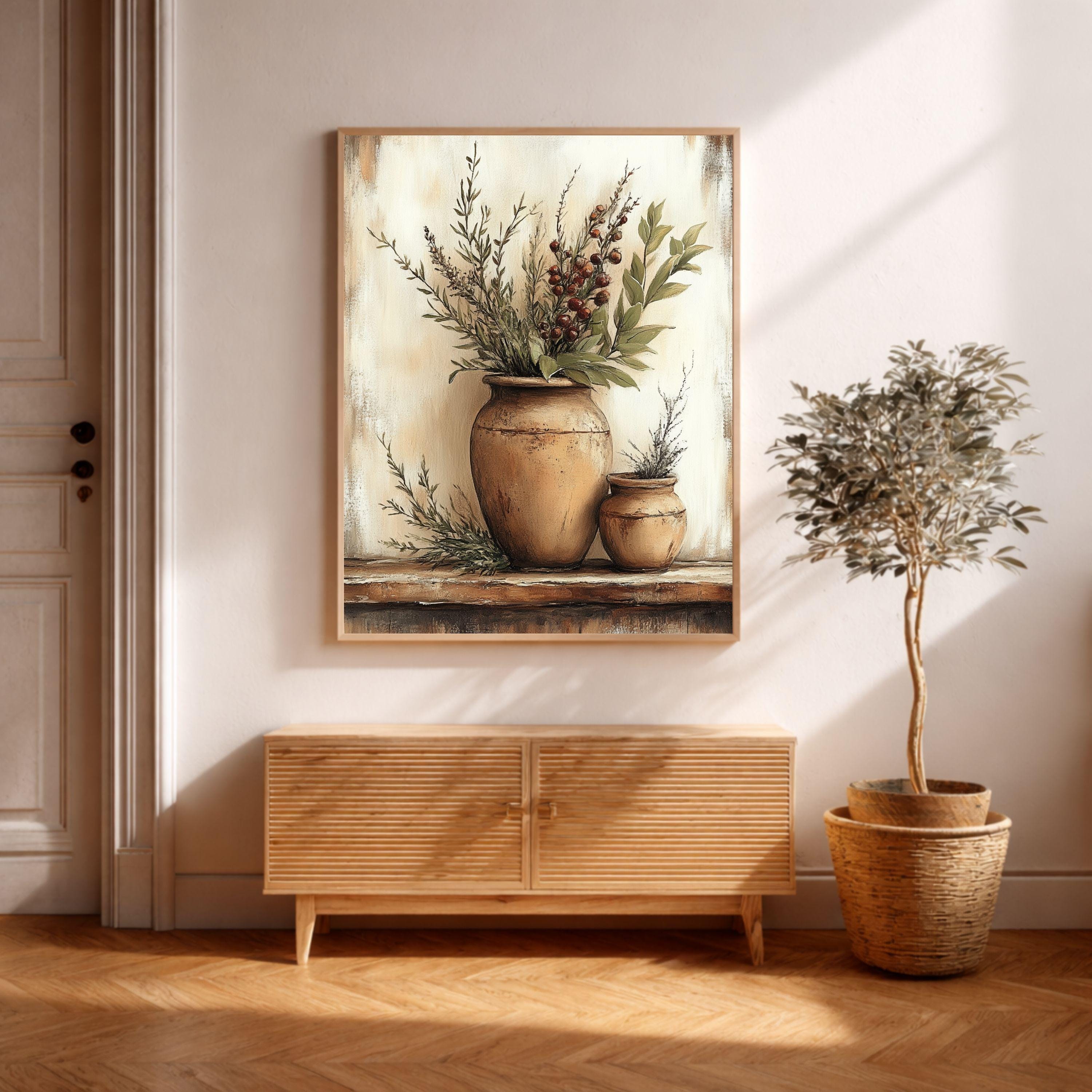 Rustic Kitchen Wall Art, Farmhouse Herb Still Life Framed Canvas, Vintage Botanical Print, Country Cottage Kitchen Decor