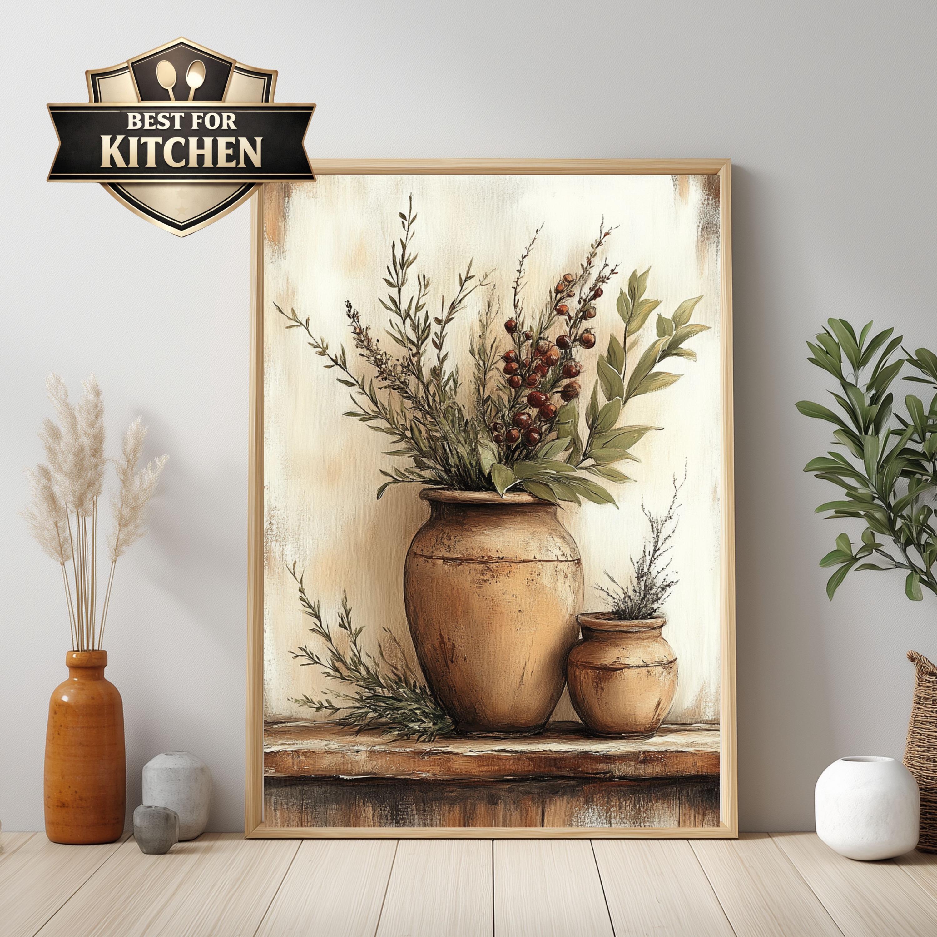 Rustic Kitchen Wall Art, Farmhouse Herb Still Life Framed Canvas, Vintage Botanical Print, Country Cottage Kitchen Decor