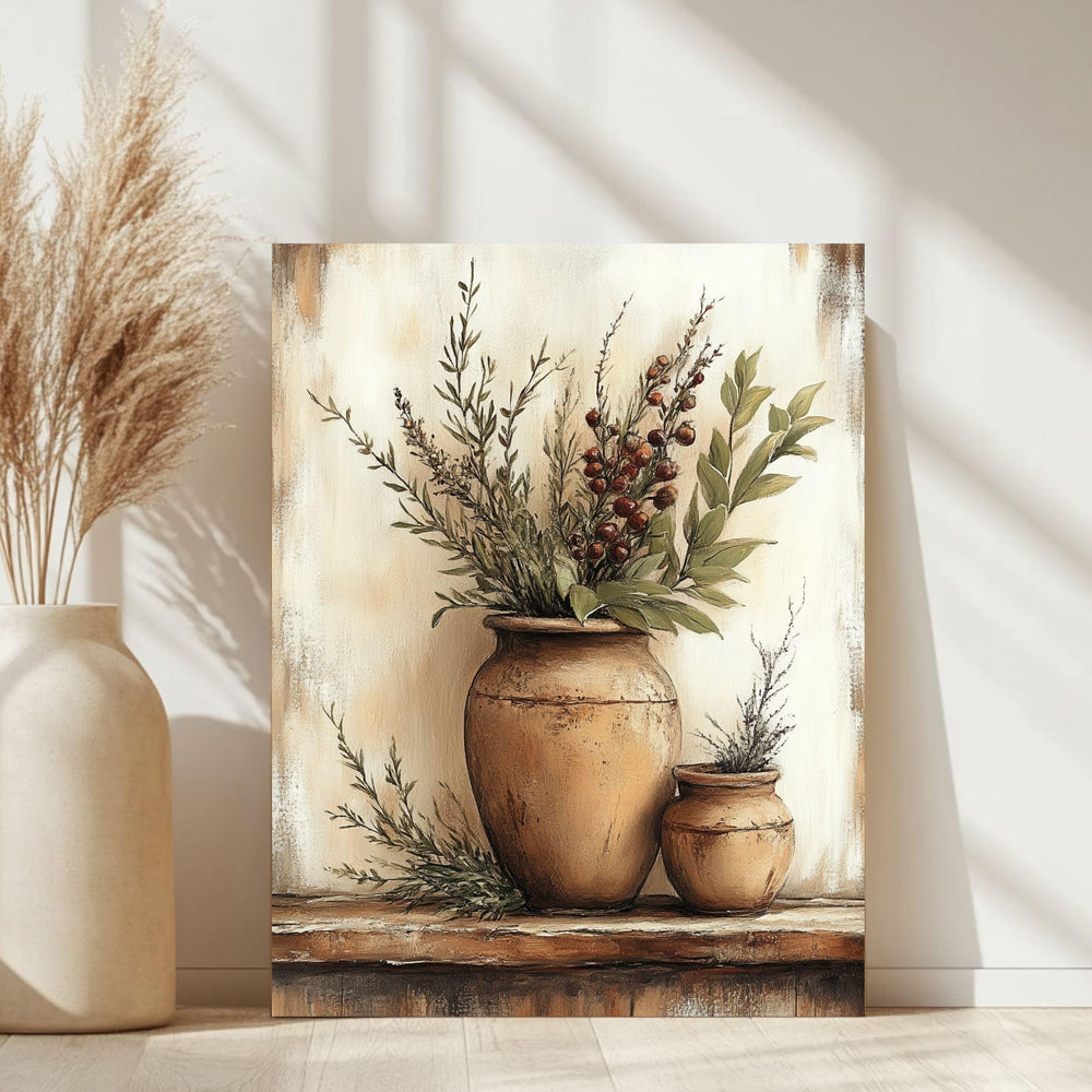 Rustic Kitchen Wall Art, Farmhouse Herb Still Life Framed Canvas, Vintage Botanical Print, Country Cottage Kitchen Decor