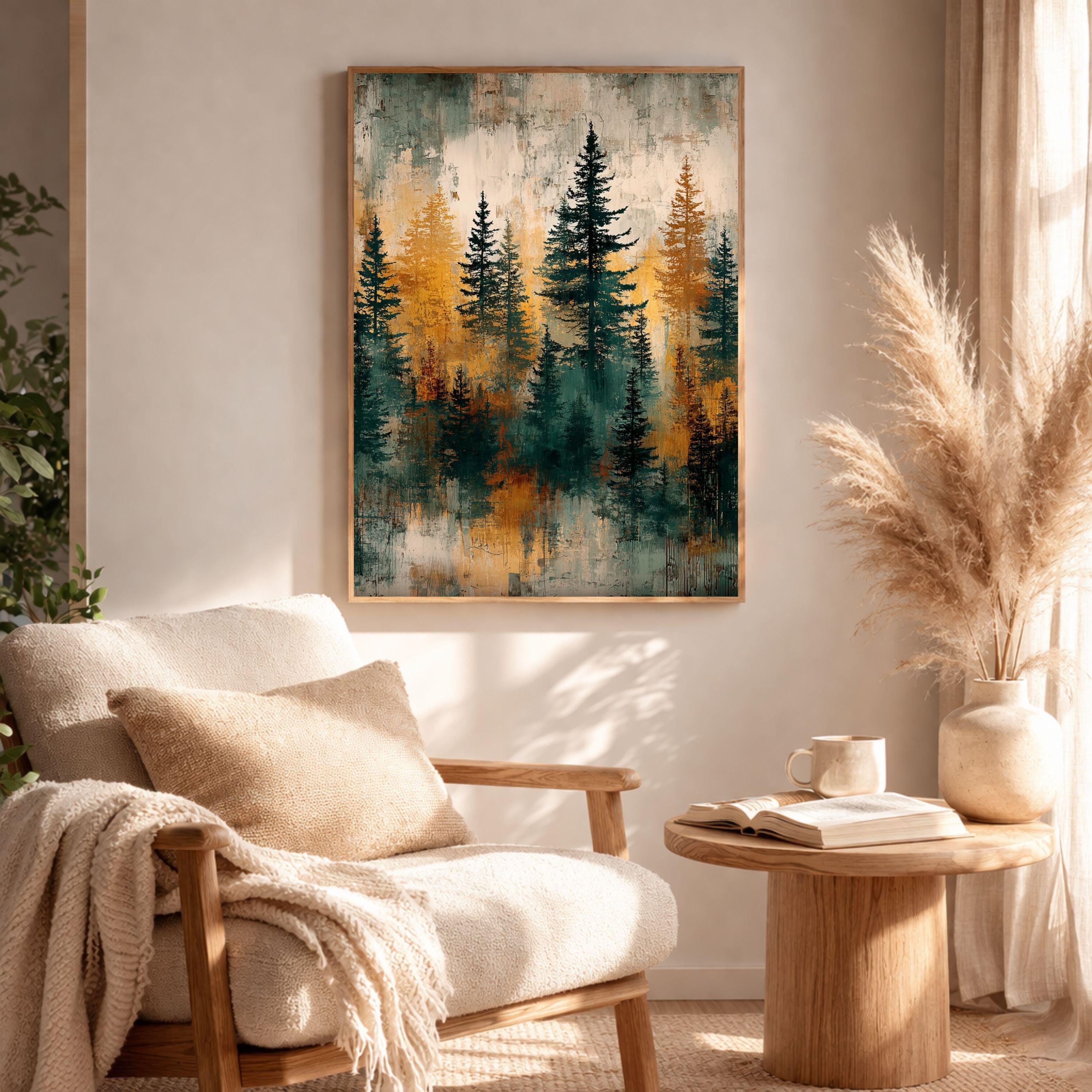 Rustic Forest Wall Art, Abstract Pine Tree Canvas Print, Moody Woodland Landscape Framed Decor, Cabin Nature Home Accent