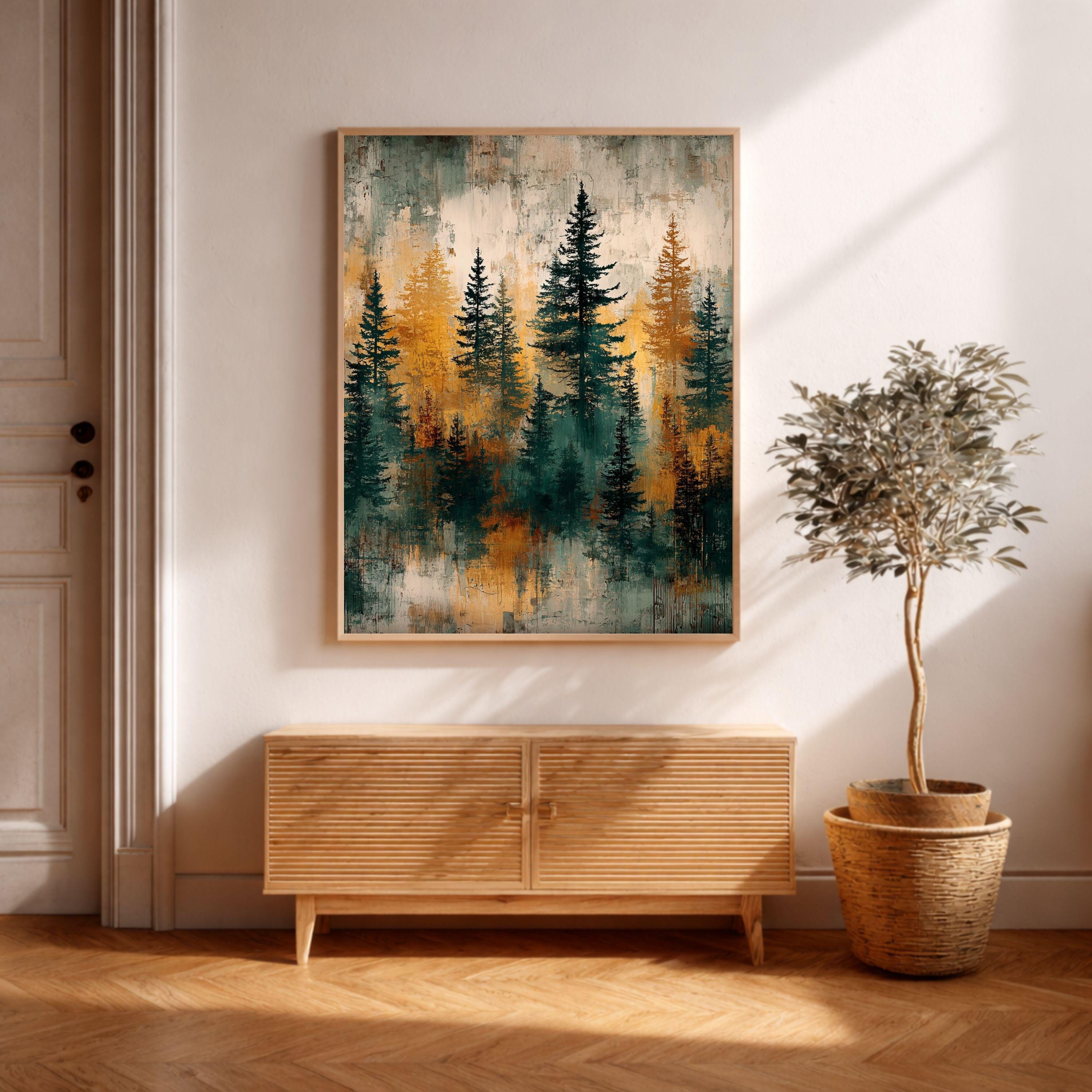 Rustic Forest Wall Art, Abstract Pine Tree Canvas Print, Moody Woodland Landscape Framed Decor, Cabin Nature Home Accent