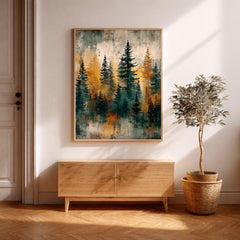 Rustic Forest Wall Art, Abstract Pine Tree Canvas Print, Moody Woodland Landscape Framed Decor, Cabin Nature Home Accent