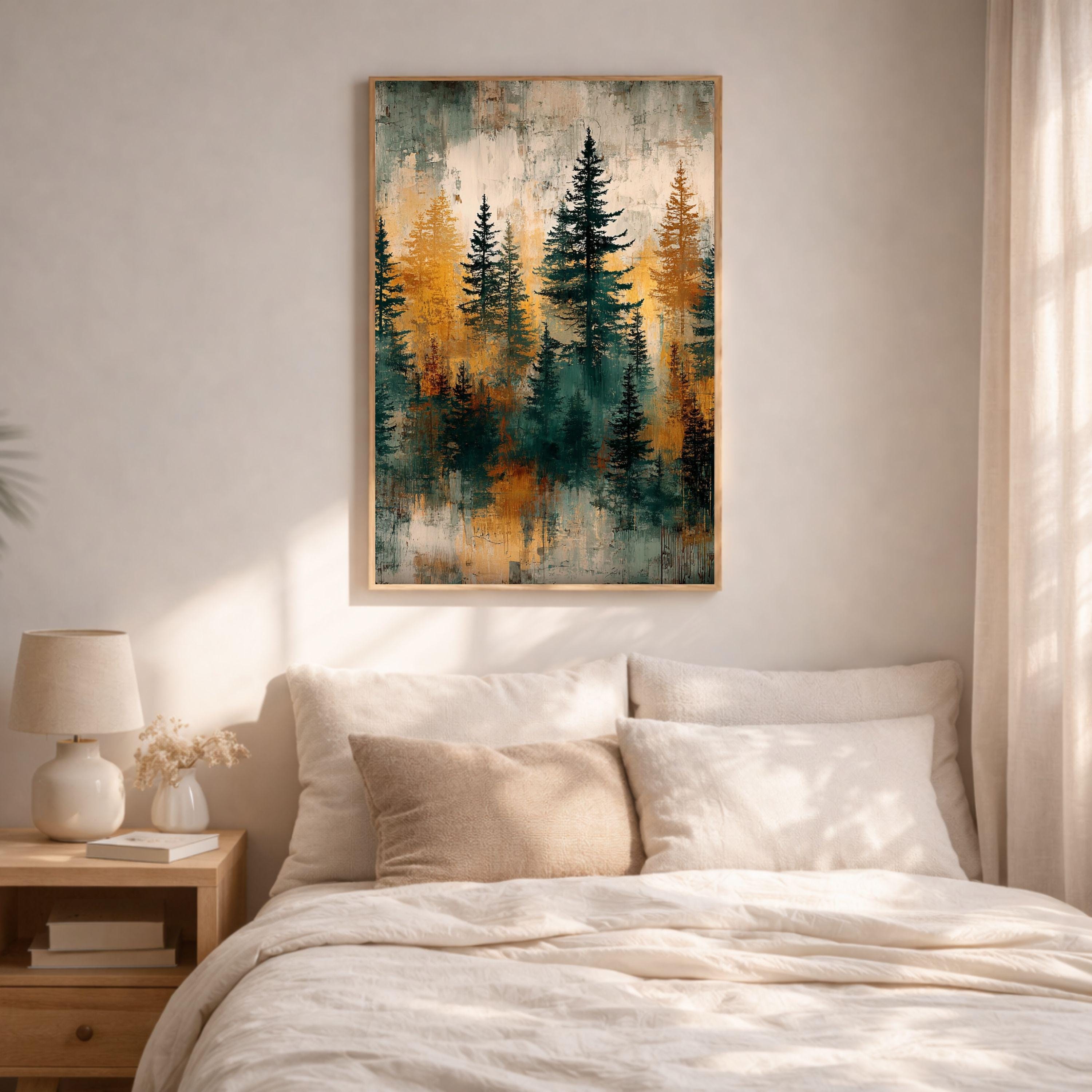 Rustic Forest Wall Art, Abstract Pine Tree Canvas Print, Moody Woodland Landscape Framed Decor, Cabin Nature Home Accent