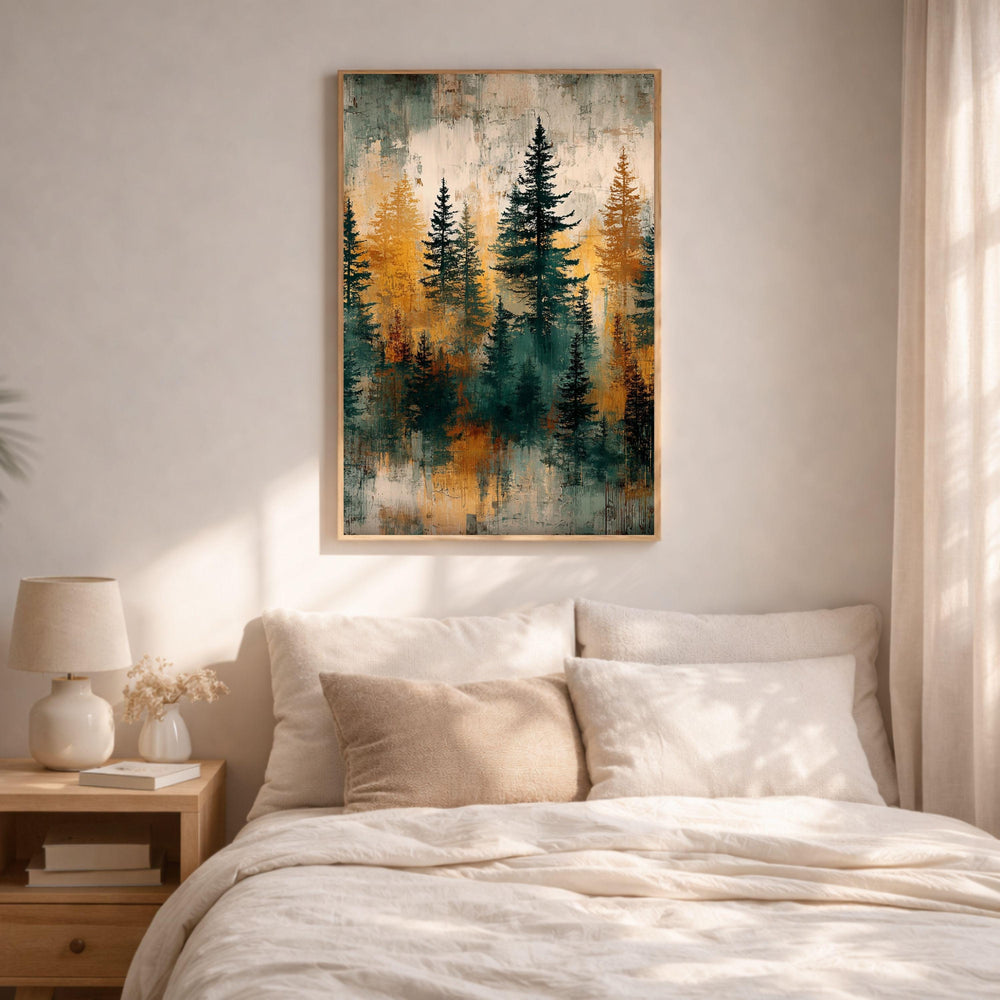 Rustic Forest Wall Art, Abstract Pine Tree Canvas Print, Moody Woodland Landscape Framed Decor, Cabin Nature Home Accent