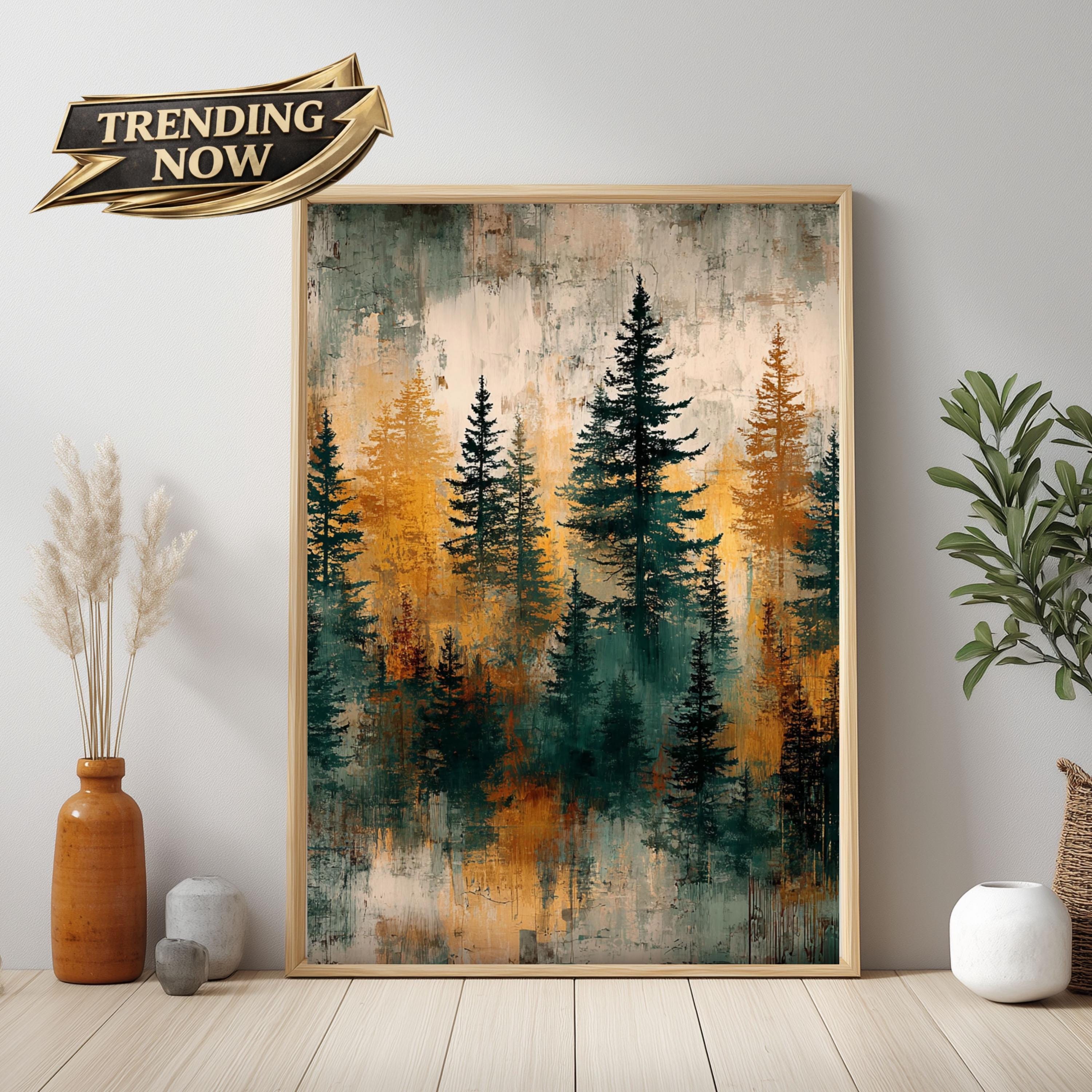 Rustic Forest Wall Art, Abstract Pine Tree Canvas Print, Moody Woodland Landscape Framed Decor, Cabin Nature Home Accent