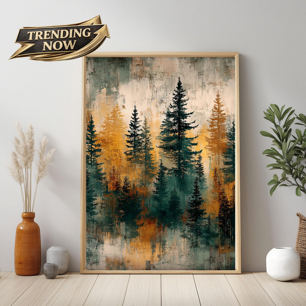 Rustic Forest Wall Art, Abstract Pine Tree Canvas Print, Moody Woodland Landscape Framed Decor, Cabin Nature Home Accent