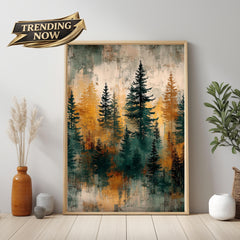 Rustic Forest Wall Art, Abstract Pine Tree Canvas Print, Moody Woodland Landscape Framed Decor, Cabin Nature Home Accent