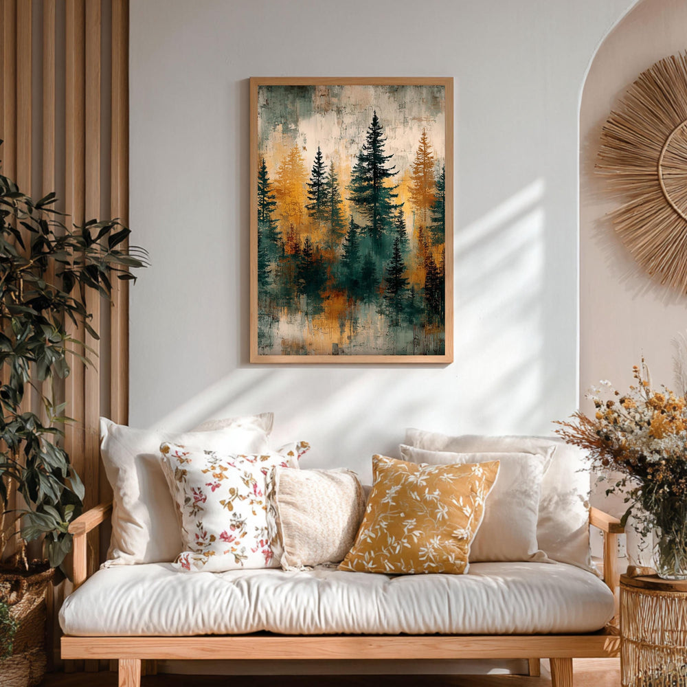 Rustic Forest Wall Art, Abstract Pine Tree Canvas Print, Moody Woodland Landscape Framed Decor, Cabin Nature Home Accent