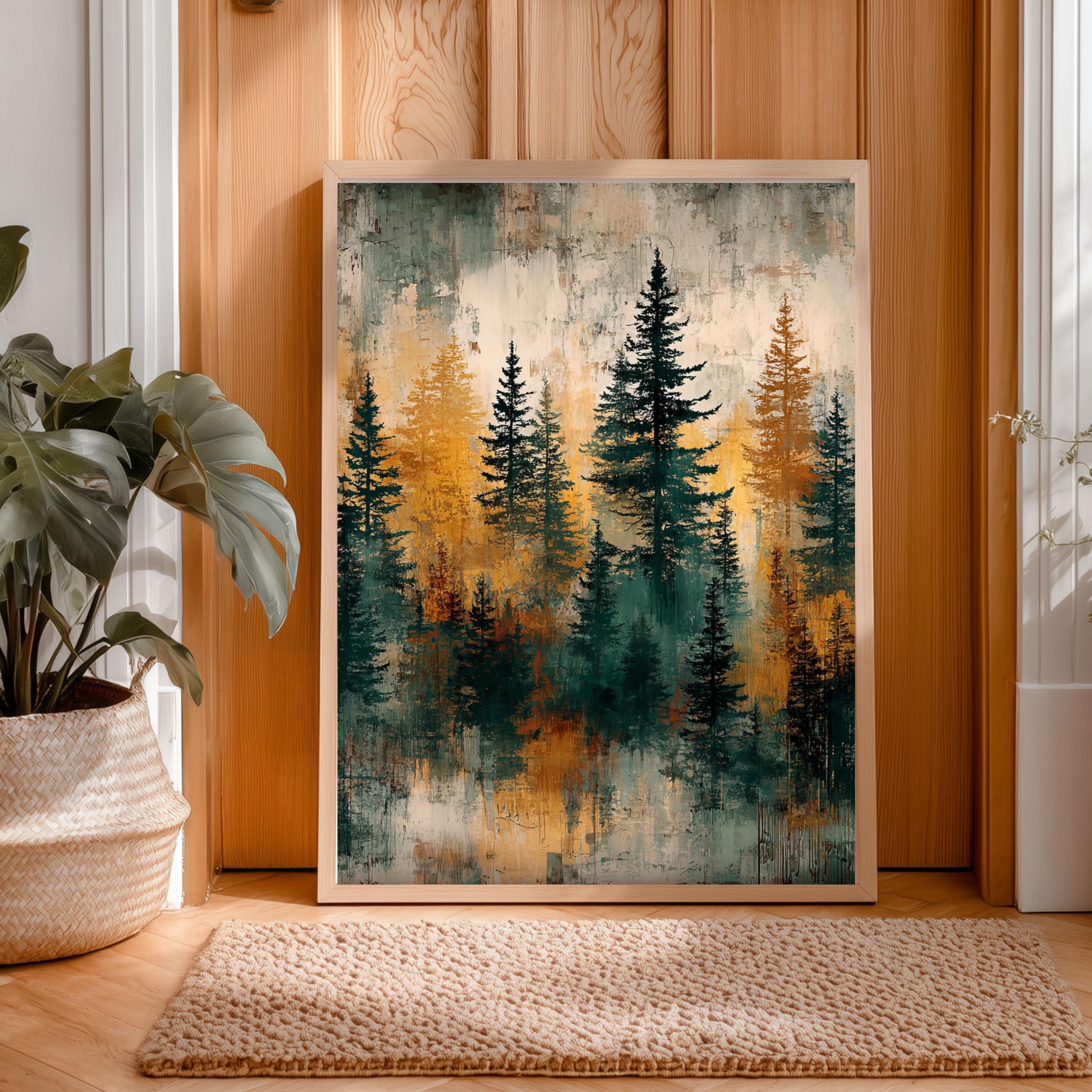 Rustic Forest Wall Art, Abstract Pine Tree Canvas Print, Moody Woodland Landscape Framed Decor, Cabin Nature Home Accent