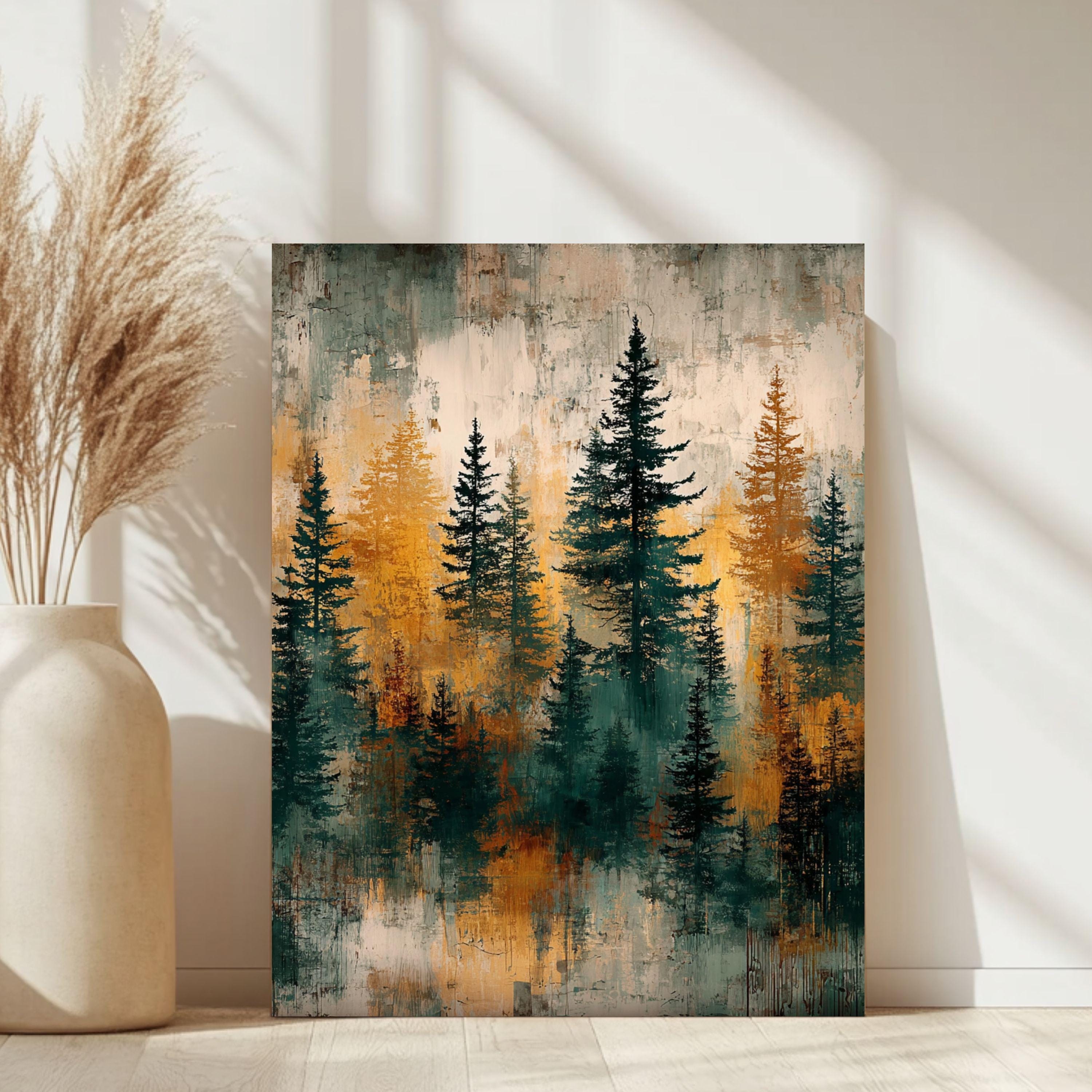 Rustic Forest Wall Art, Abstract Pine Tree Canvas Print, Moody Woodland Landscape Framed Decor, Cabin Nature Home Accent