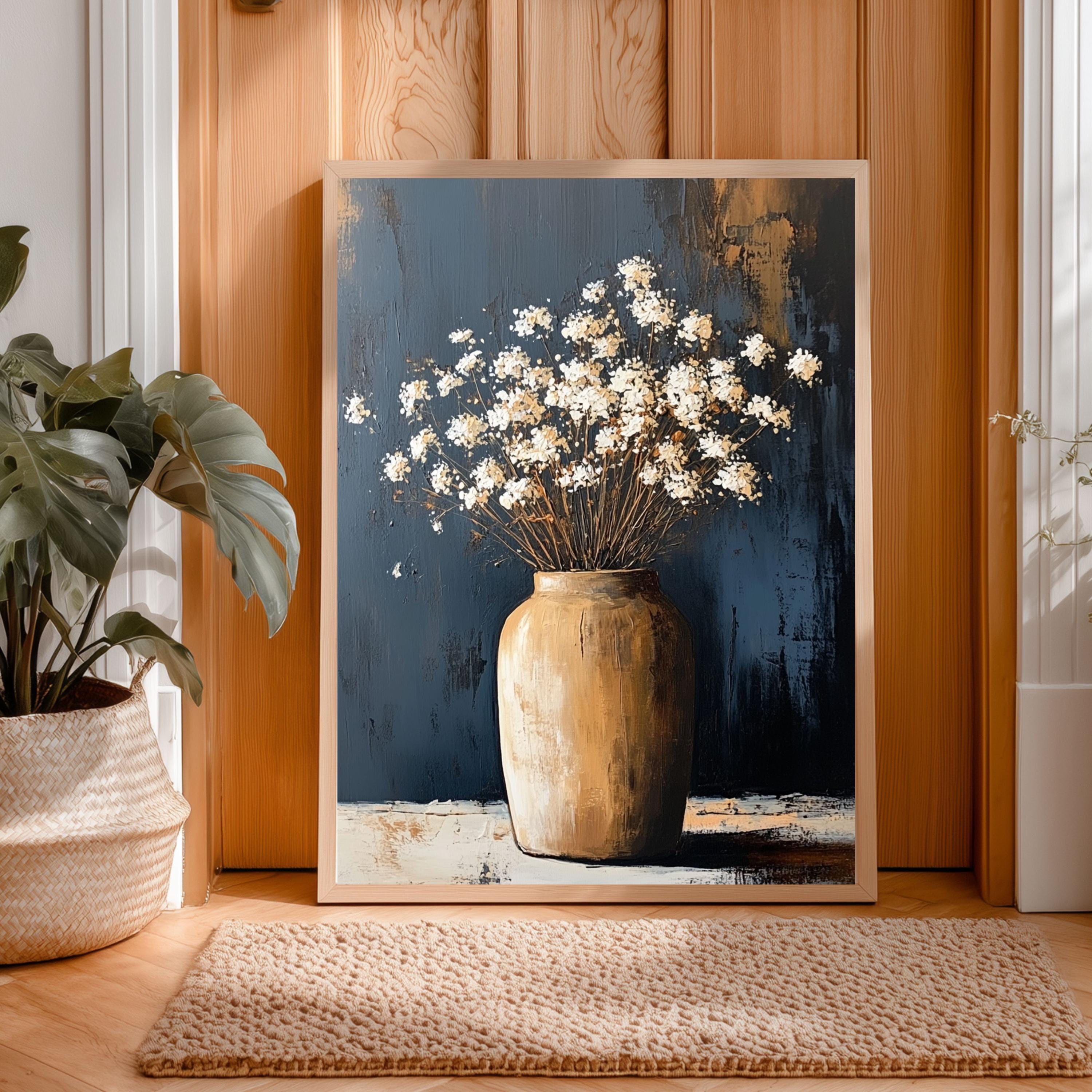 Neutral Floral Wall Art, Rustic Vase Flower Canvas Print, Minimal Botanical Framed Artwork, Farmhouse Gift Home Decor