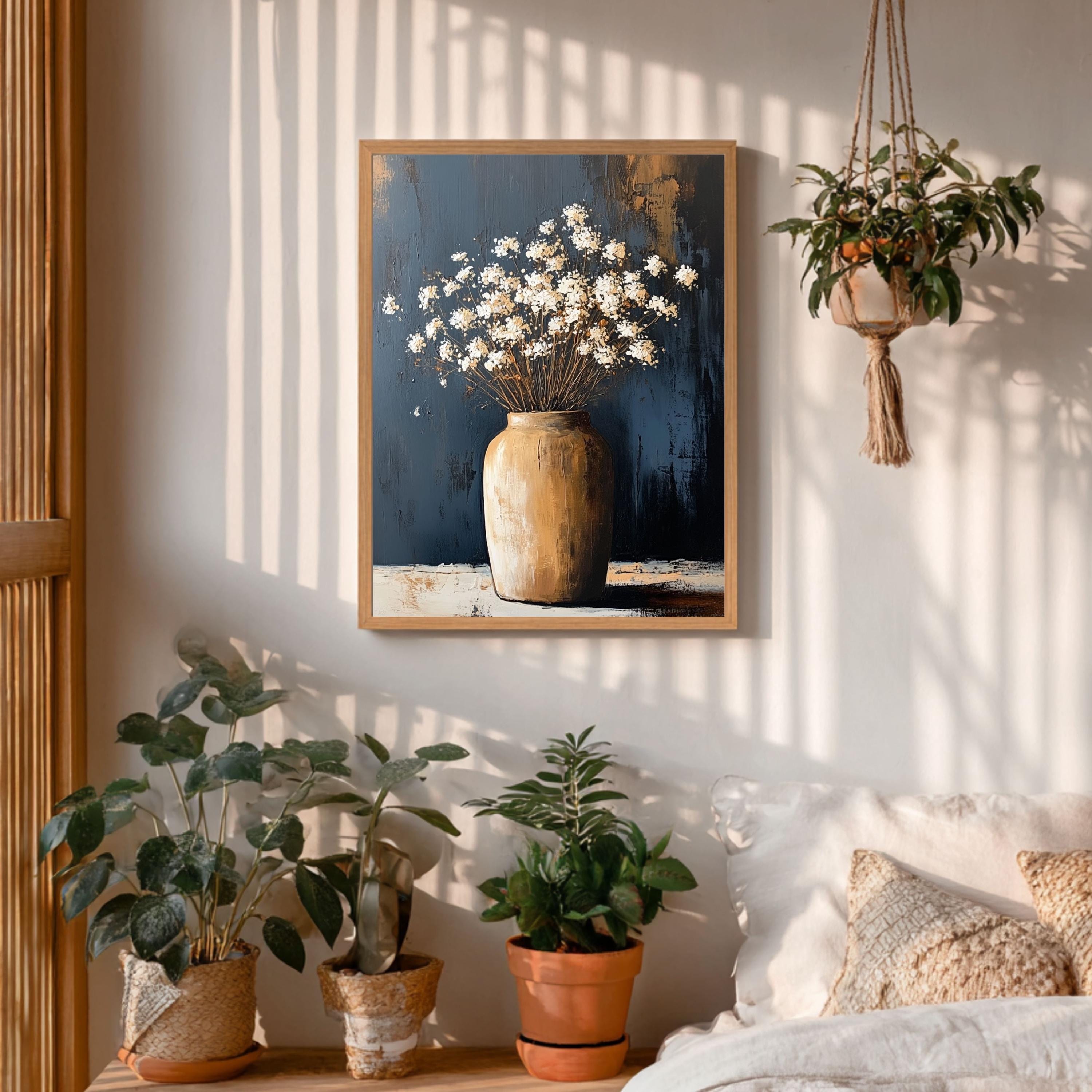 Neutral Floral Wall Art, Rustic Vase Flower Canvas Print, Minimal Botanical Framed Artwork, Farmhouse Gift Home Decor