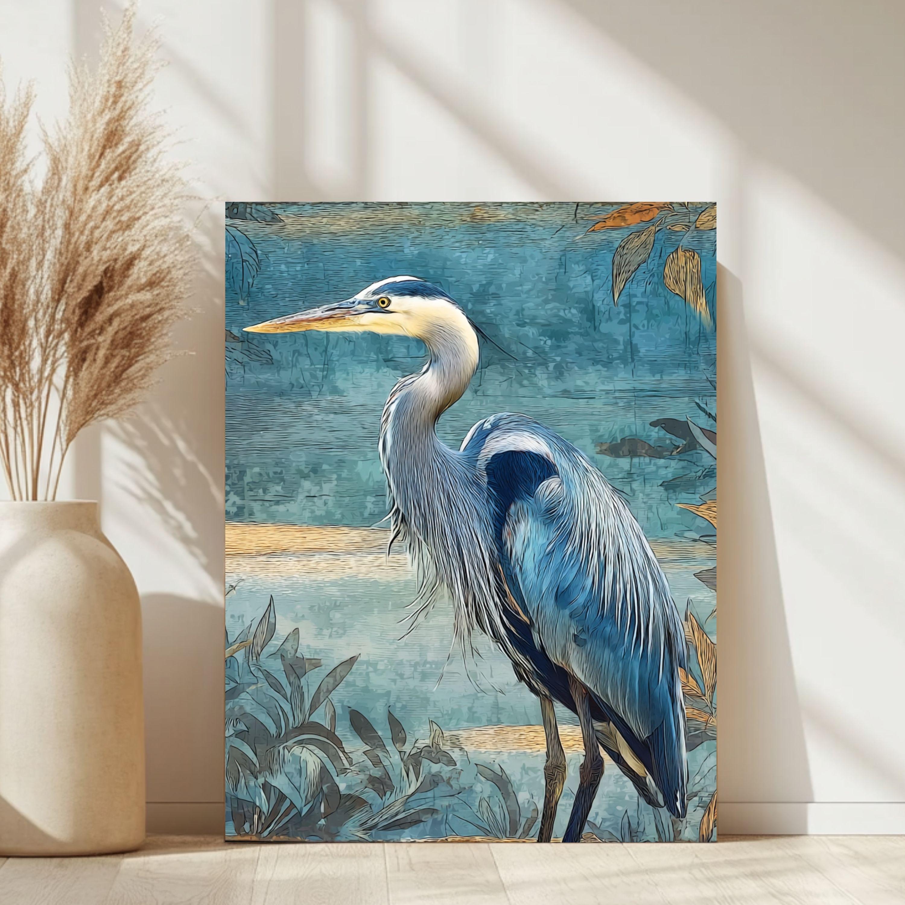 Blue Heron Wall Art, Coastal Bird Canvas Print, Nautical Wildlife Framed Artwork, Beach House Decor, Serene Nature Home Accent