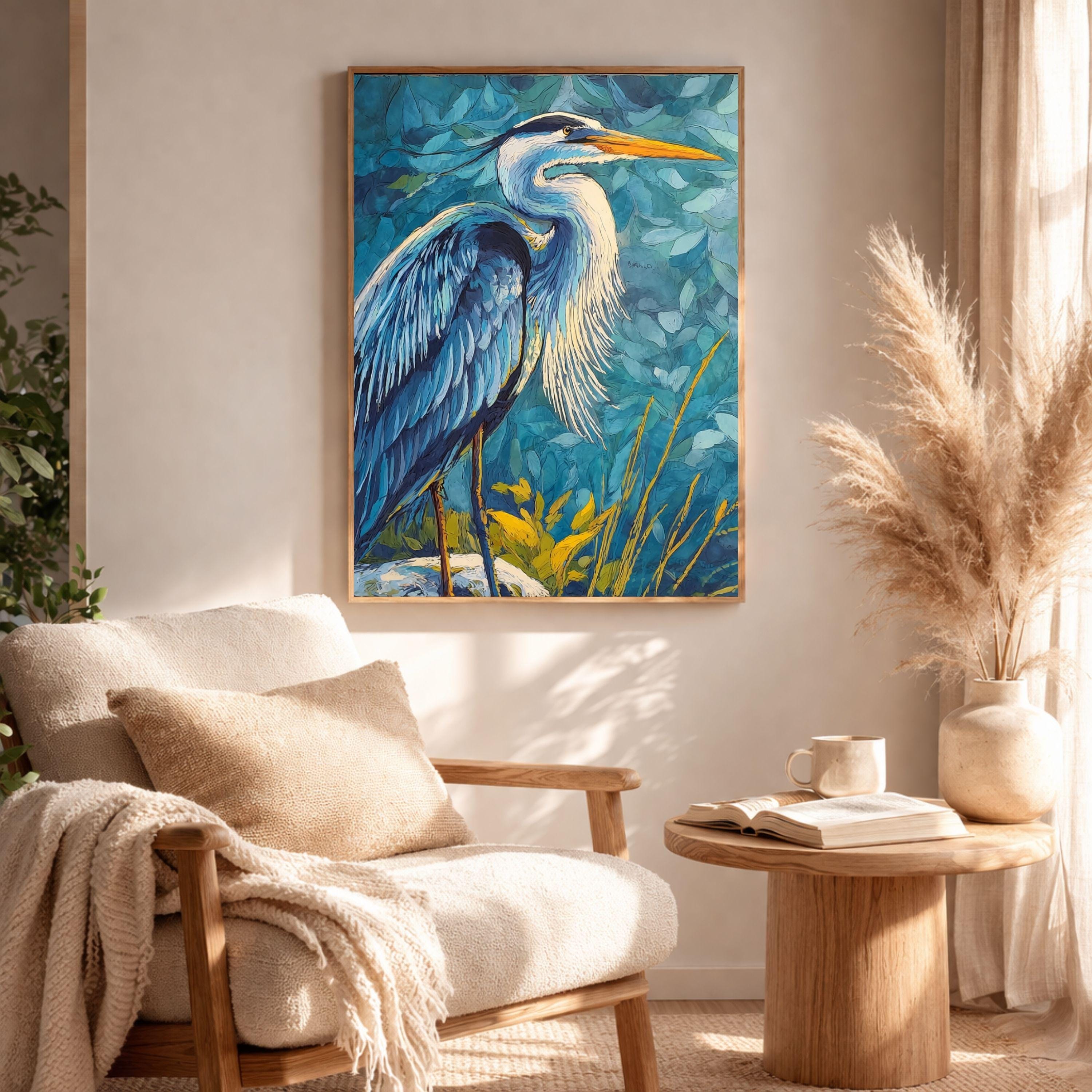 Coastal Bird Canvas Print, Blue Heron Wall Art, Nautical Wildlife Artwork, Beach House Bedroom Decor, Bold Nature Wall Art