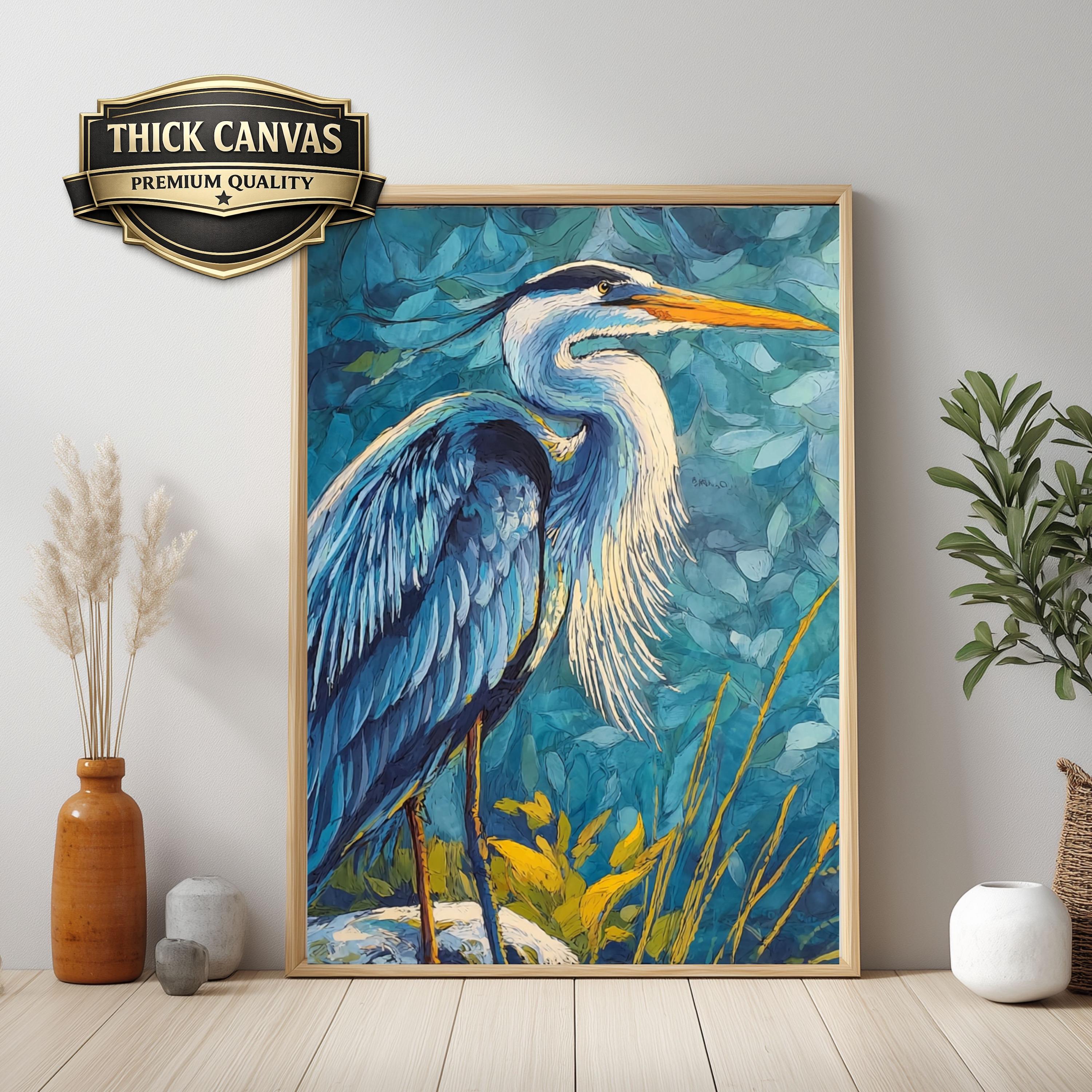 Coastal Bird Canvas Print, Blue Heron Wall Art, Nautical Wildlife Artwork, Beach House Bedroom Decor, Bold Nature Wall Art