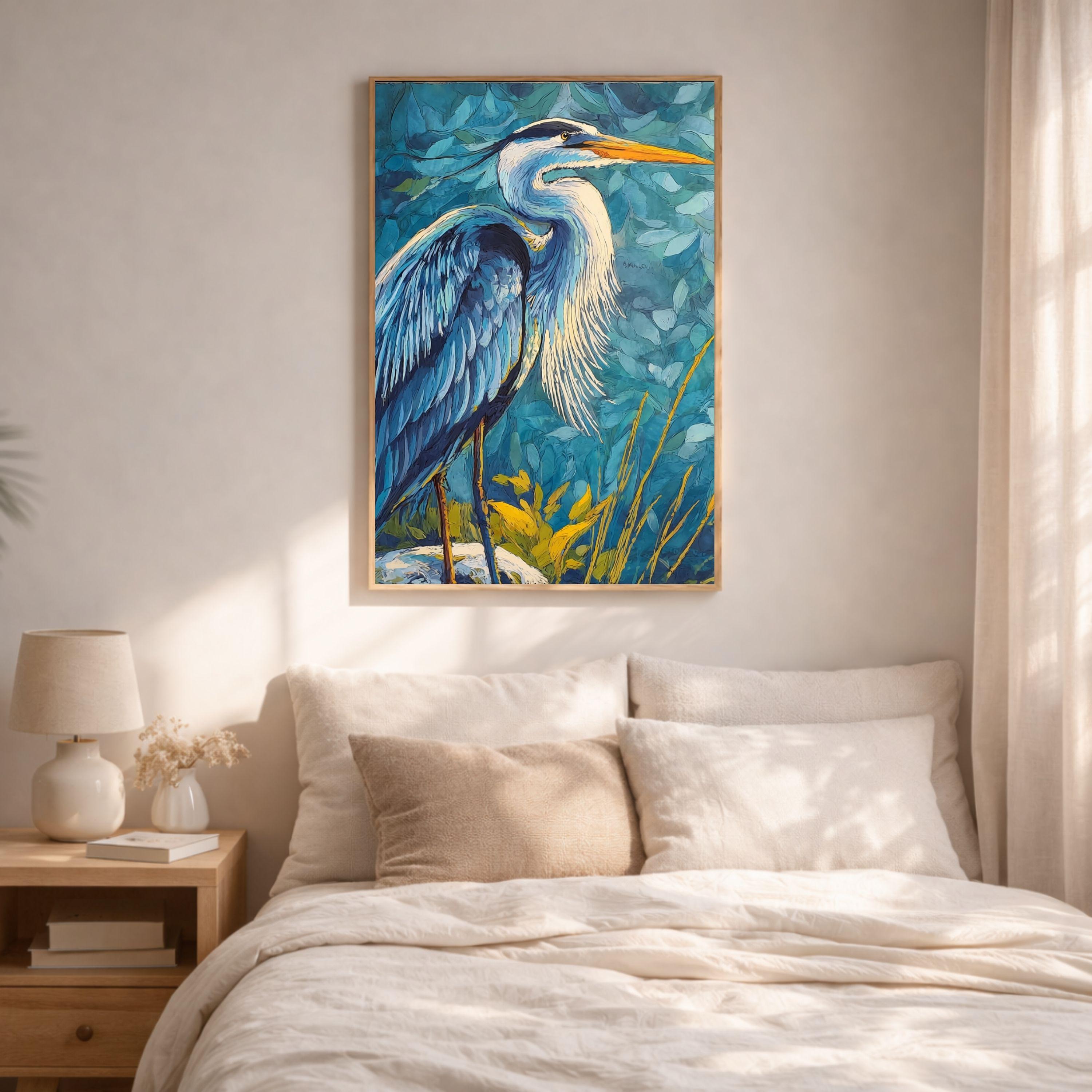 Coastal Bird Canvas Print, Blue Heron Wall Art, Nautical Wildlife Artwork, Beach House Bedroom Decor, Bold Nature Wall Art