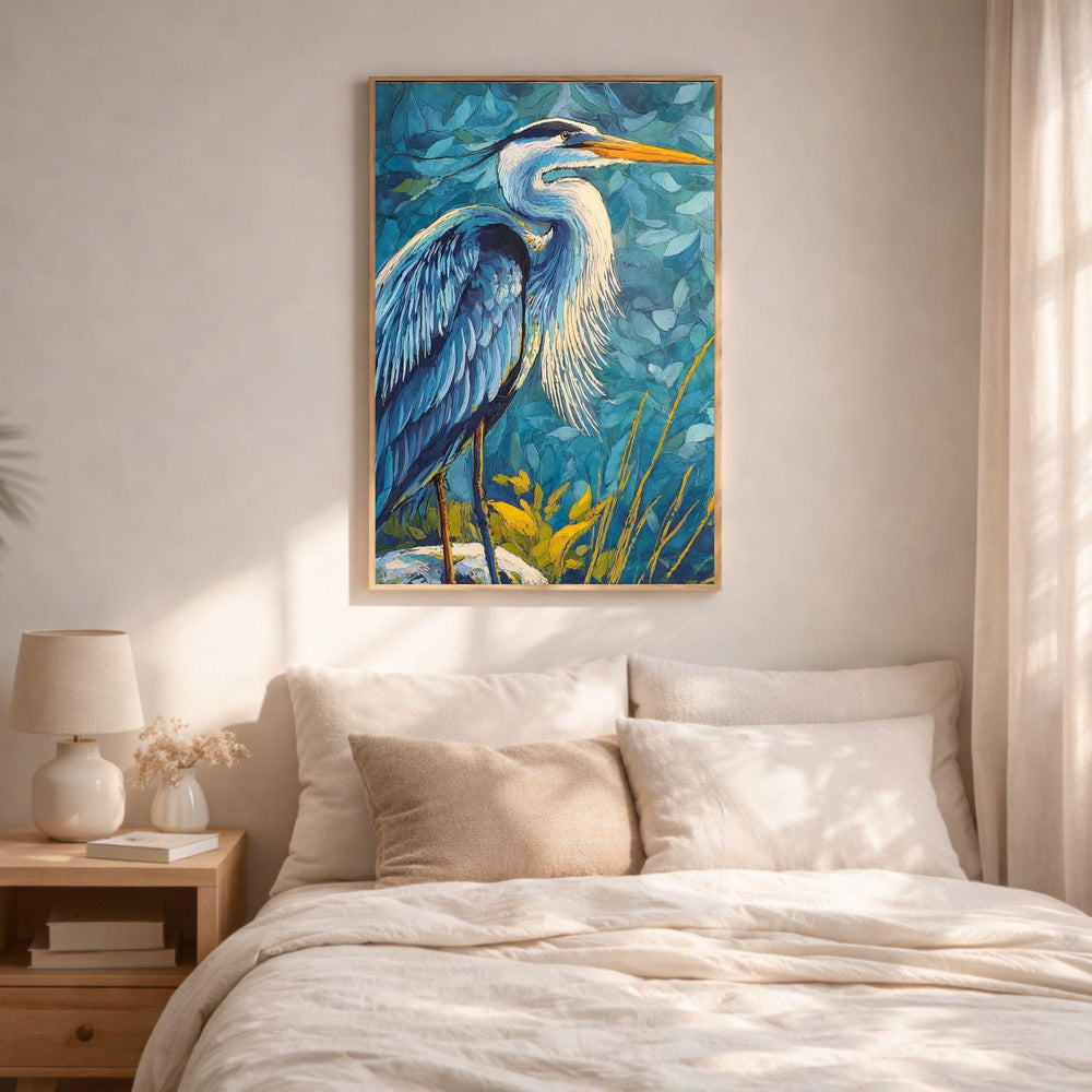 Coastal Bird Canvas Print, Blue Heron Wall Art, Nautical Wildlife Artwork, Beach House Bedroom Decor, Bold Nature Wall Art