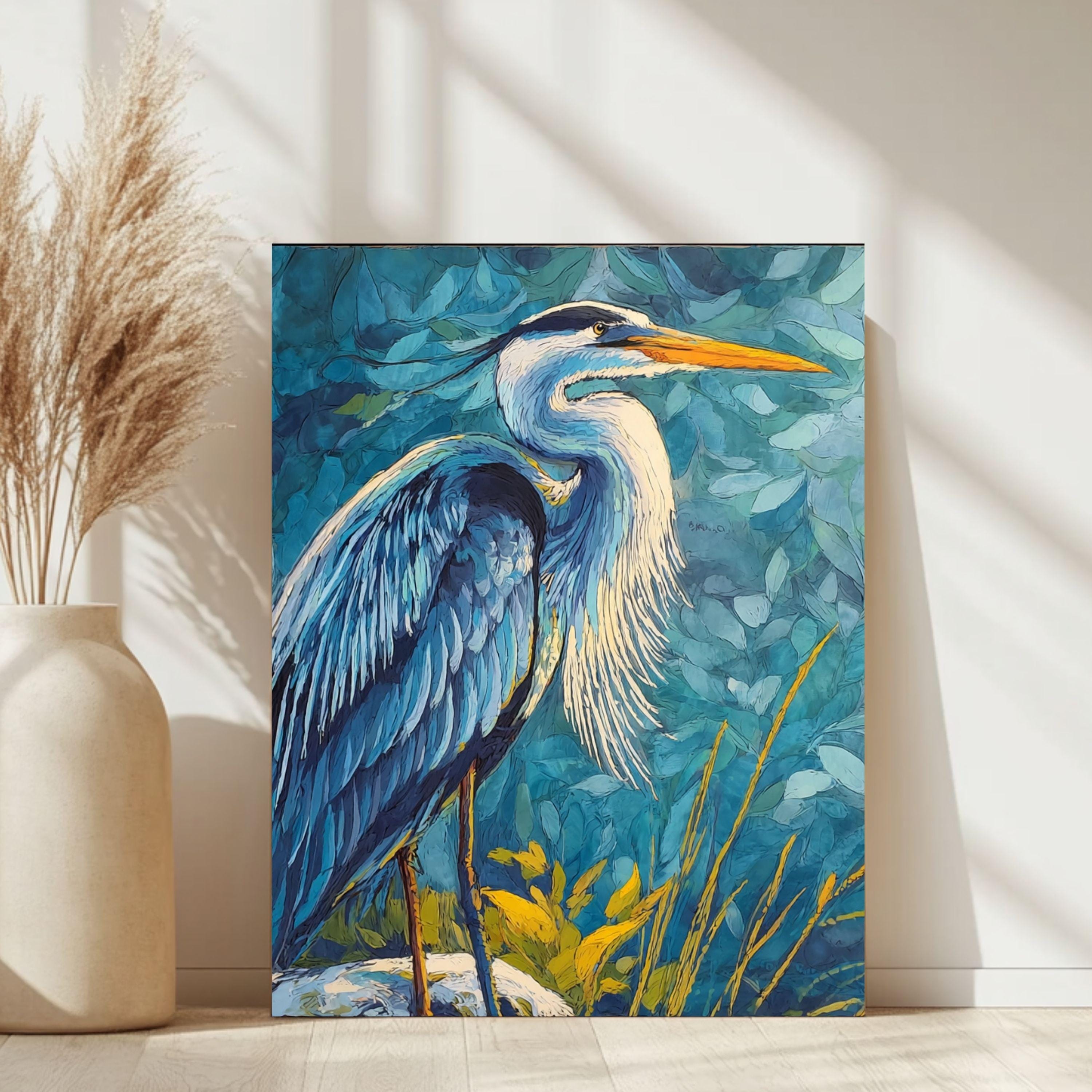 Coastal Bird Canvas Print, Blue Heron Wall Art, Nautical Wildlife Artwork, Beach House Bedroom Decor, Bold Nature Wall Art