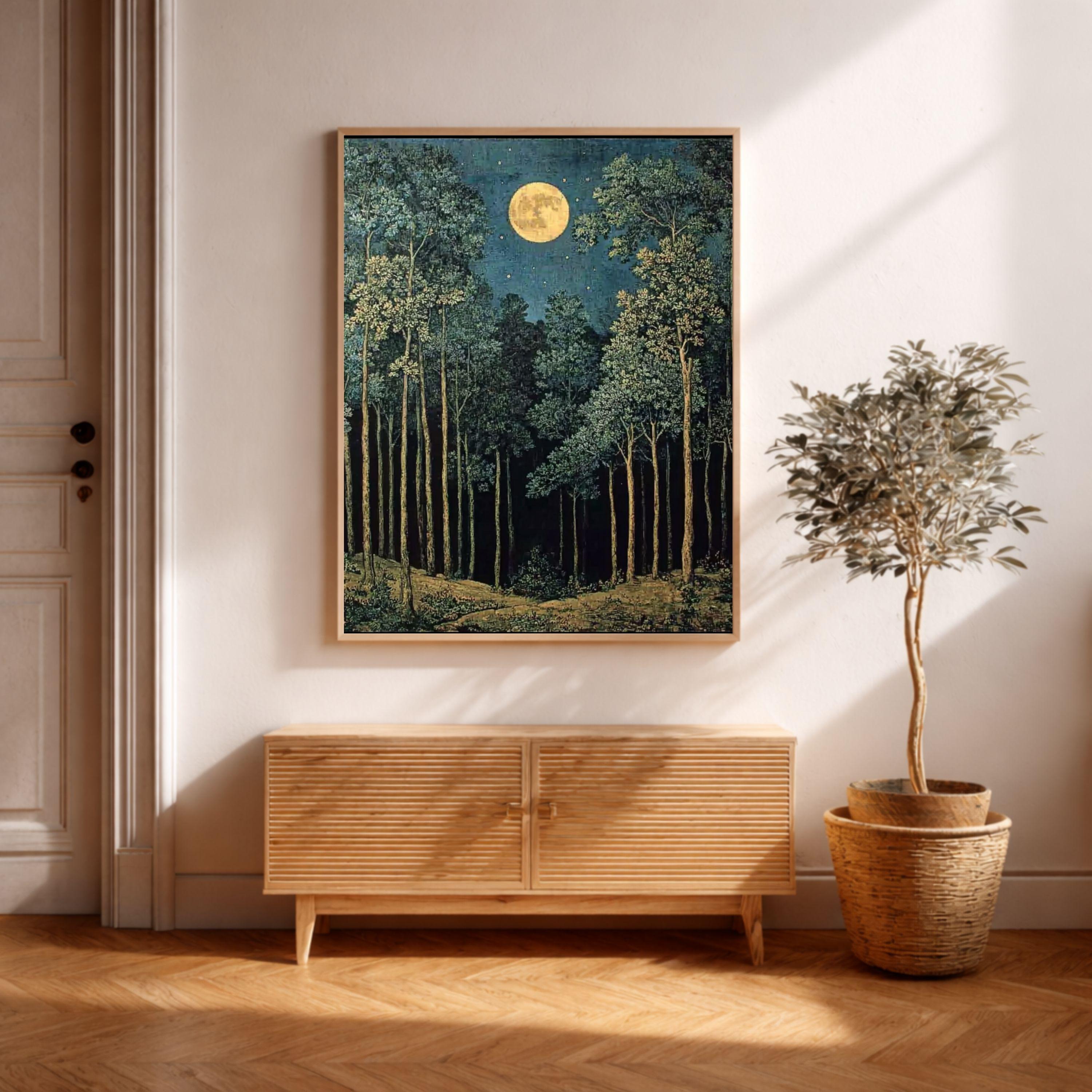 Moonlit Forest Wall Art, Night Landscape Canvas Print, Mystical Woodland Framed Art, Dark Nature Decor, Celestial Forest Home Accent