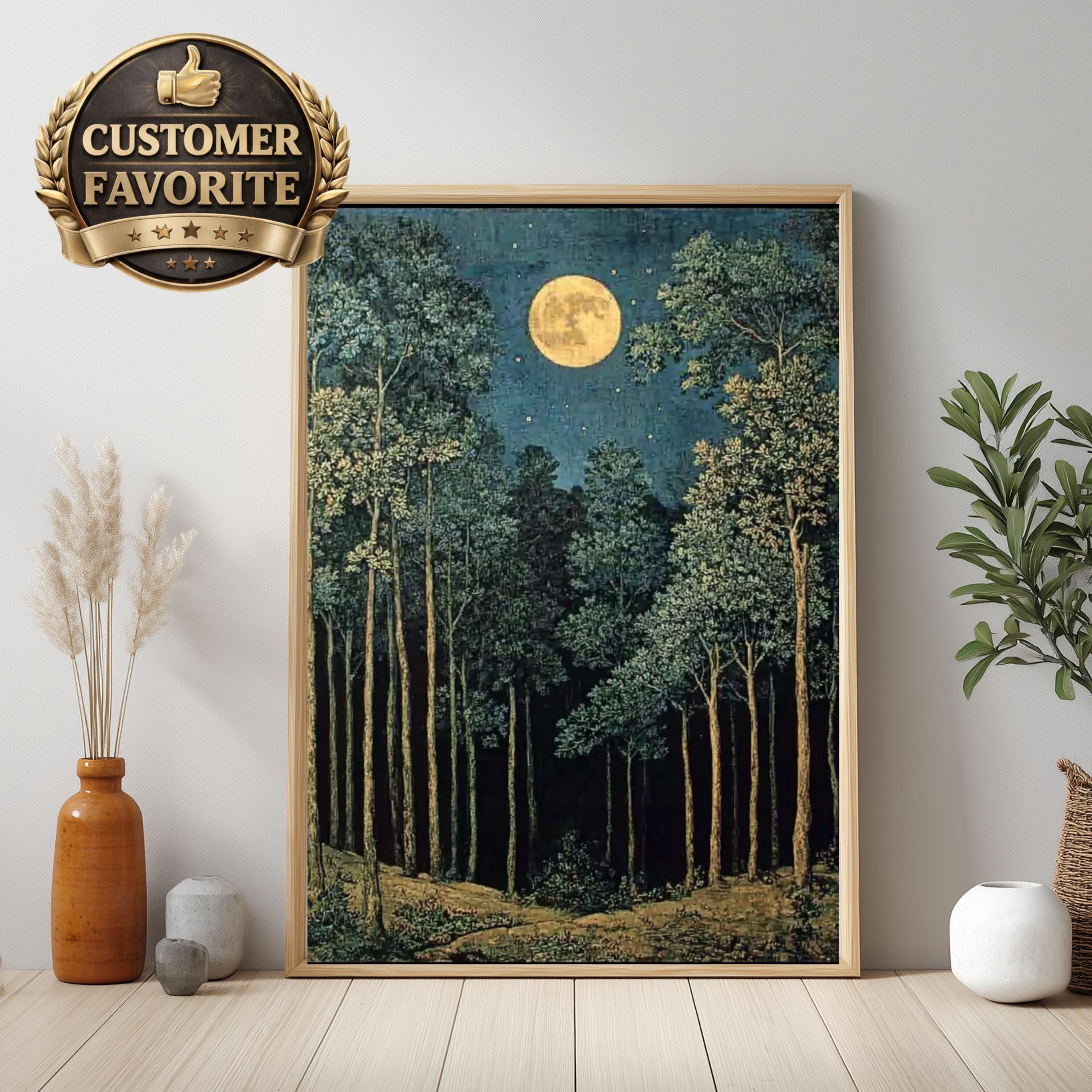 Moonlit Forest Wall Art, Night Landscape Canvas Print, Mystical Woodland Framed Art, Dark Nature Decor, Celestial Forest Home Accent