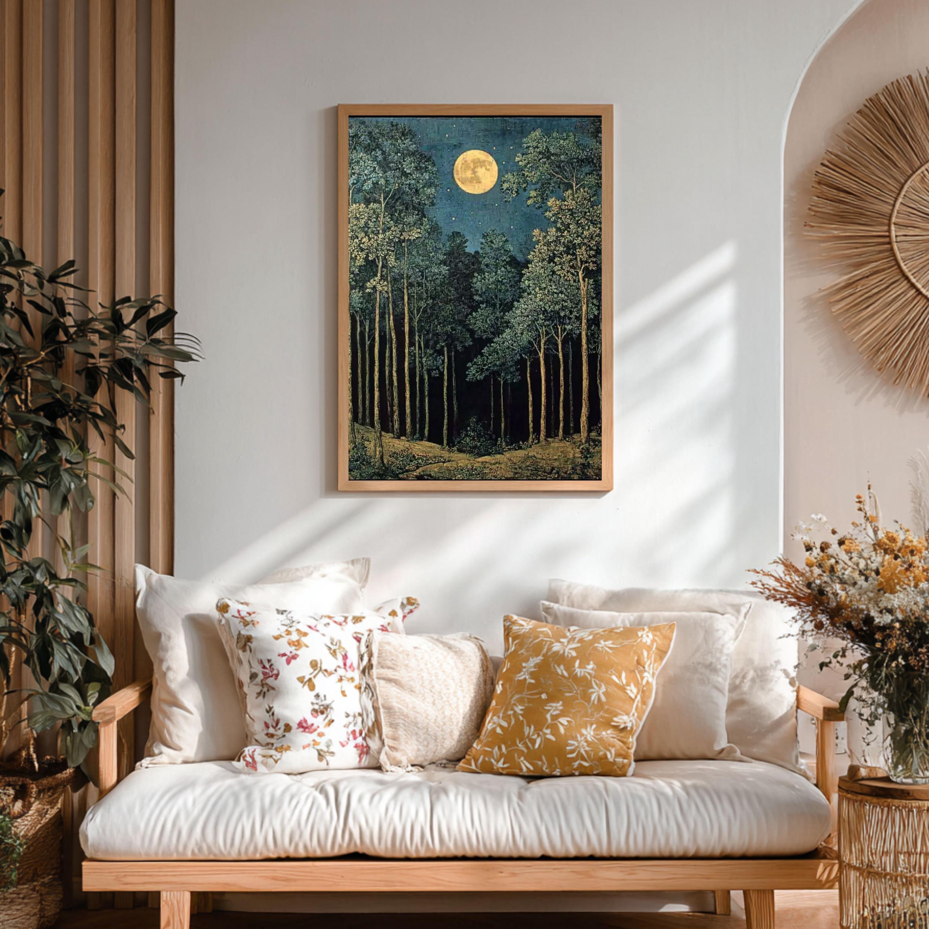 Moonlit Forest Wall Art, Night Landscape Canvas Print, Mystical Woodland Framed Art, Dark Nature Decor, Celestial Forest Home Accent