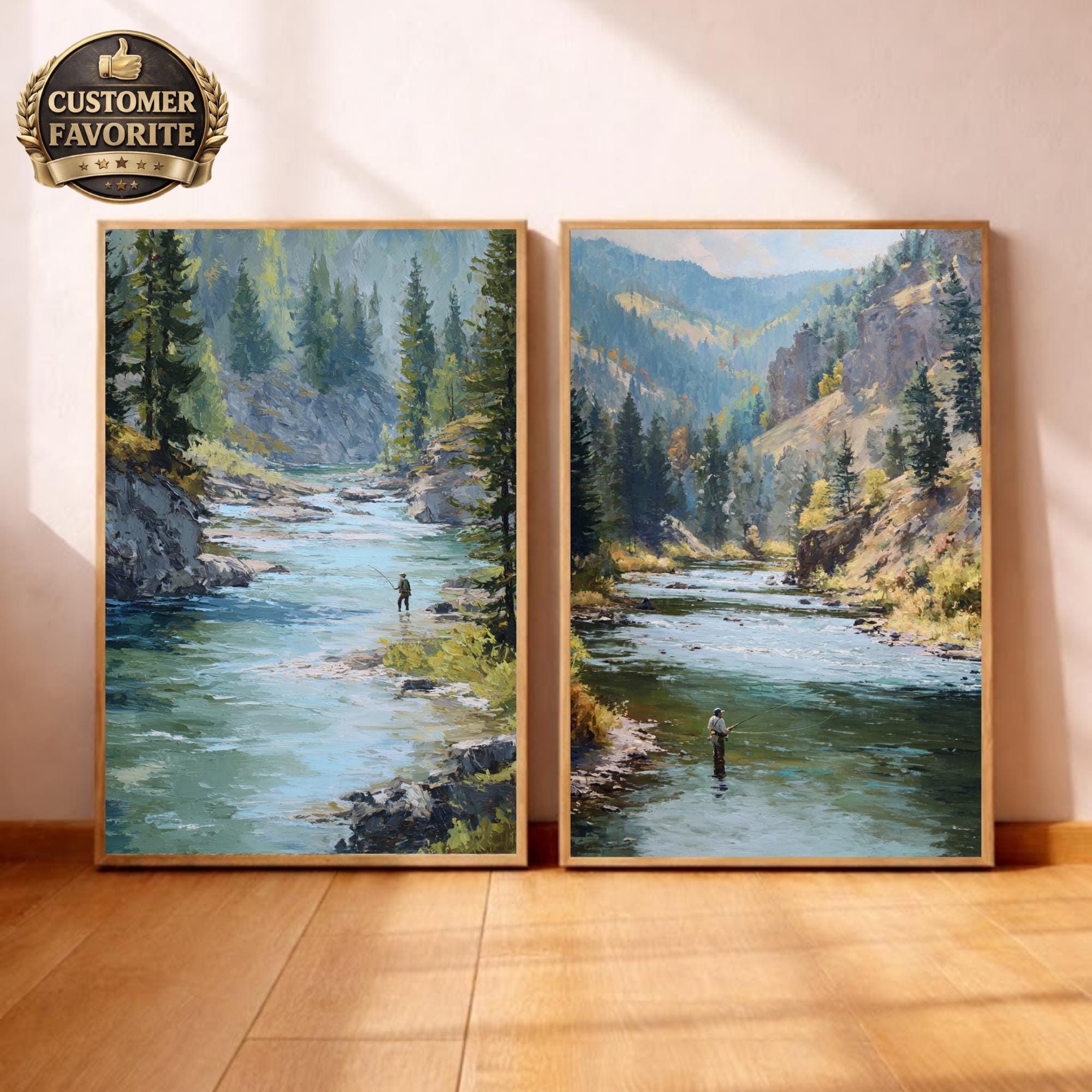 Set of 2 Mountain River Wall Art, Fishing Landscape Framed Canvas Duo, Rustic Wilderness Nature Prints, Cabin Lodge Home Decor