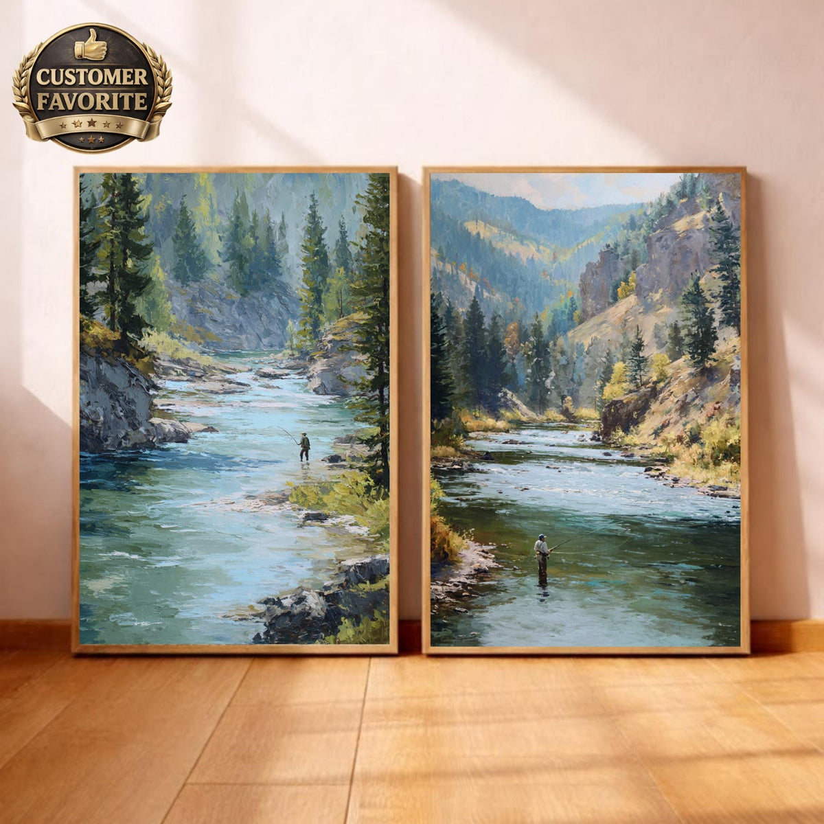 Set of 2 Mountain River Wall Art, Fishing Landscape Framed Canvas Duo, Rustic Wilderness Nature Prints, Cabin Lodge Home Decor